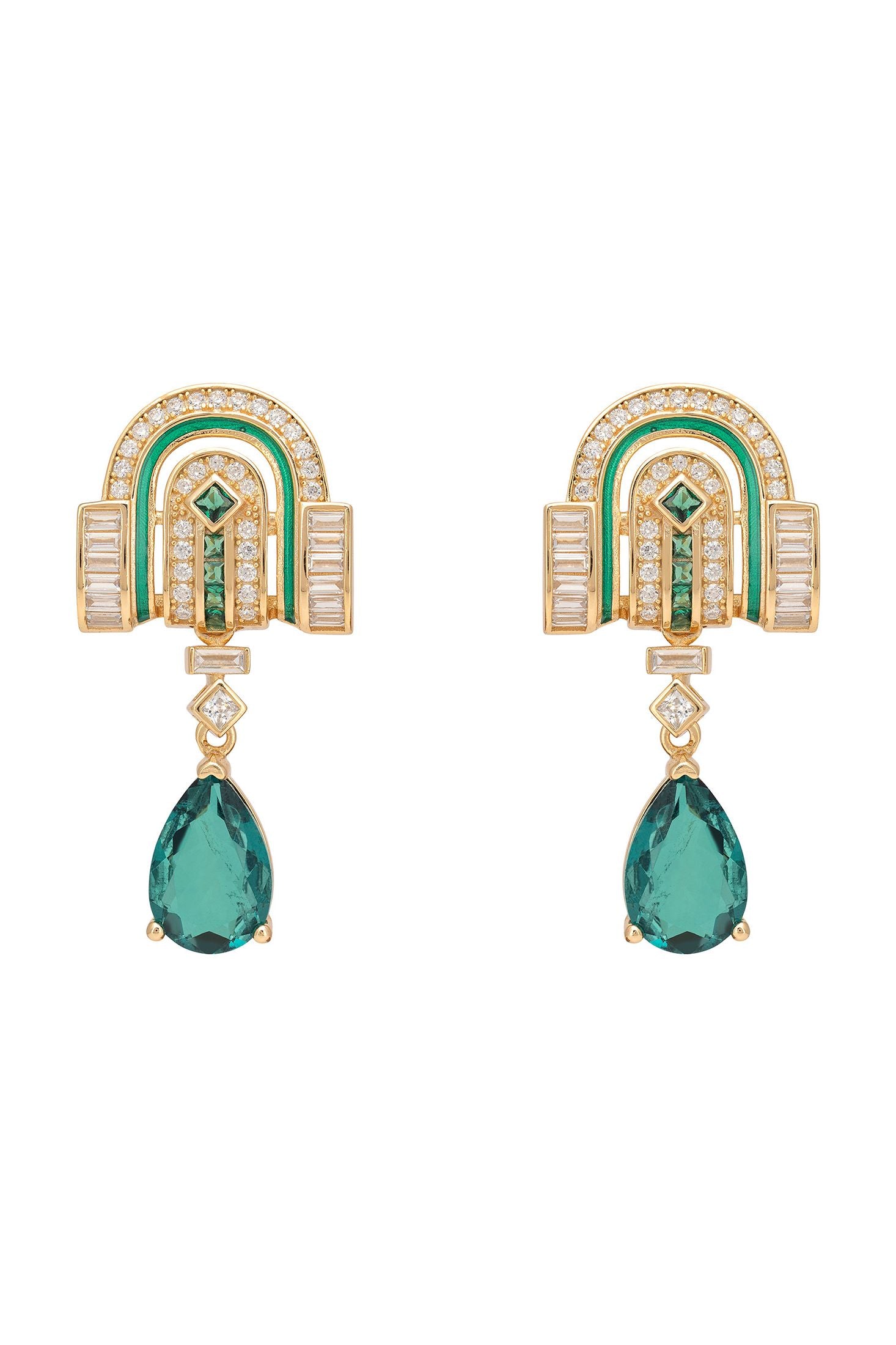 Pair of earrings with green gemstones and gold accents on a white background