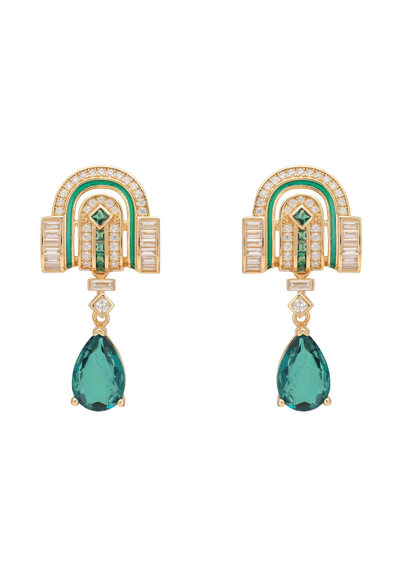 Pair of earrings with green gemstones and gold accents on a white background