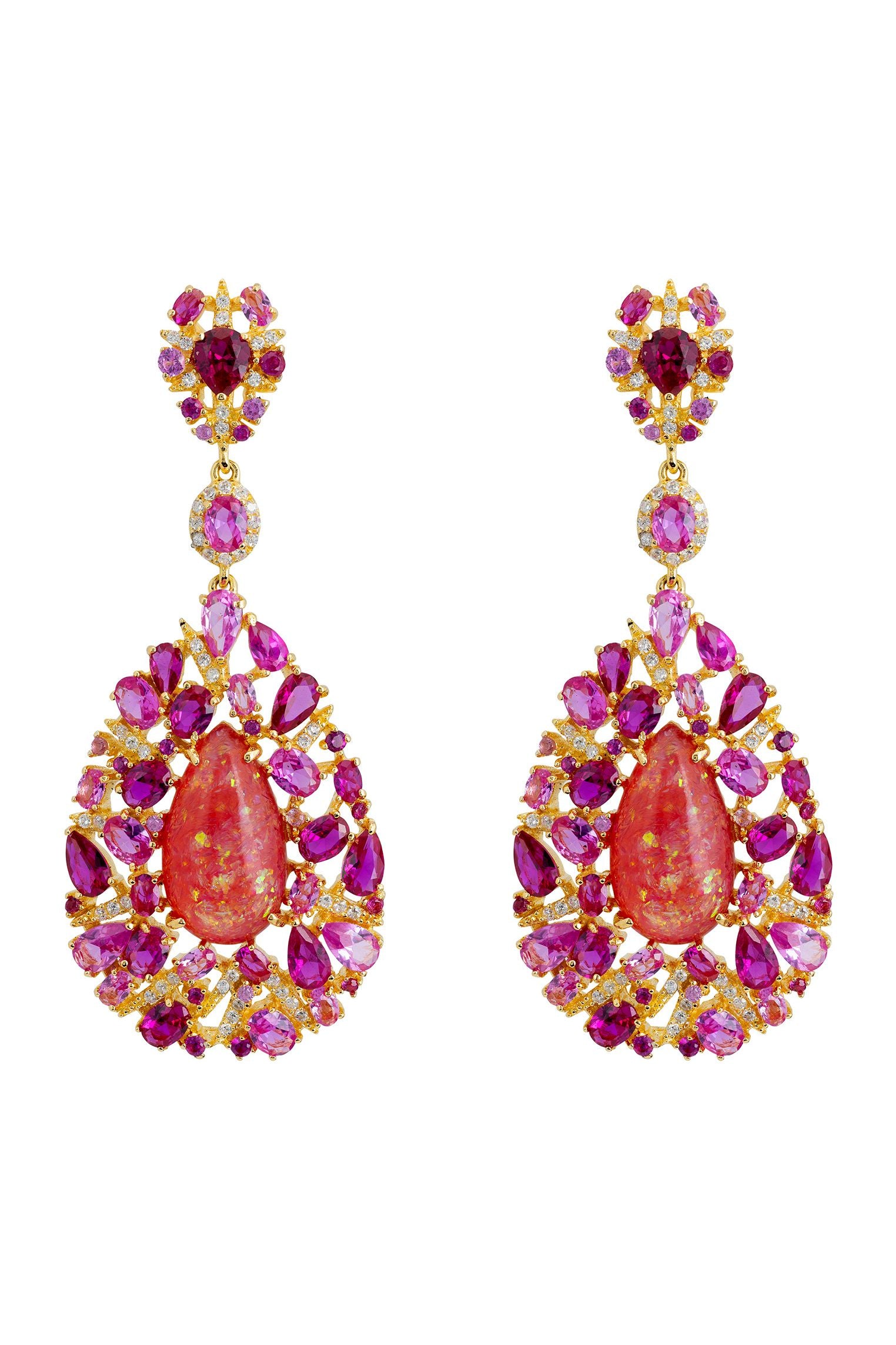 Red opal and pink teardrop statement earrings.
