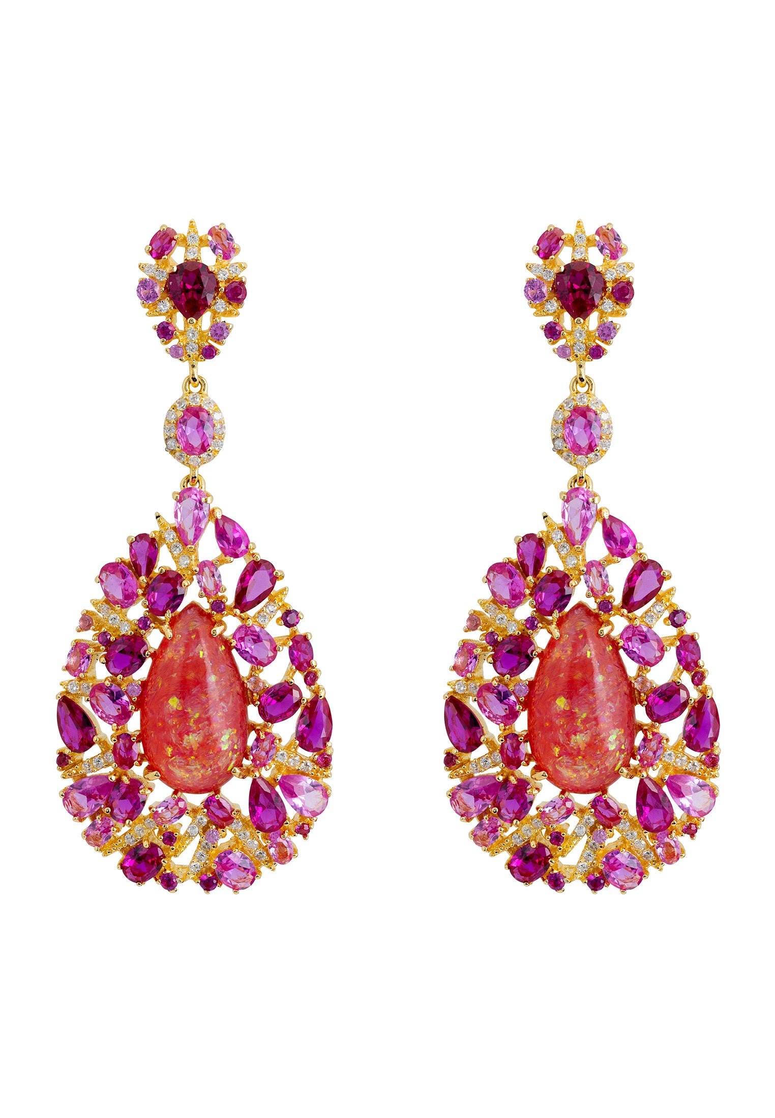 Red opal and pink teardrop statement earrings.