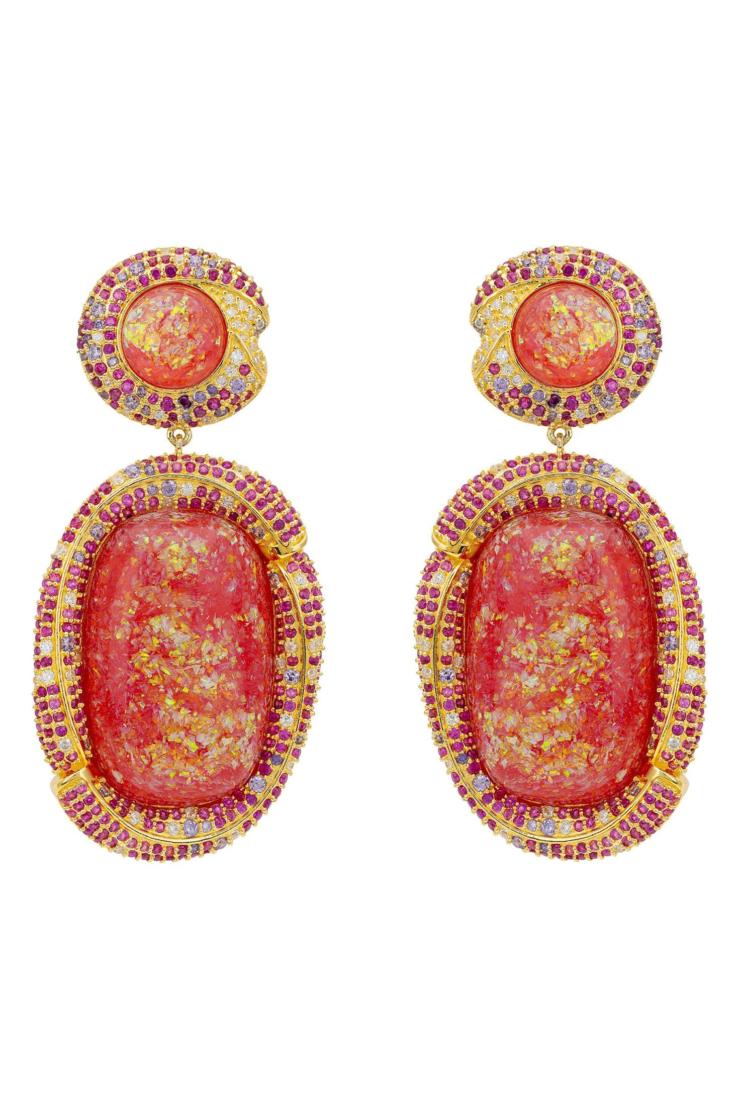 Front view of Fiorella Pink Opal Drop Earrings Gold, showing heart design, zirconia detailing, gold finish.