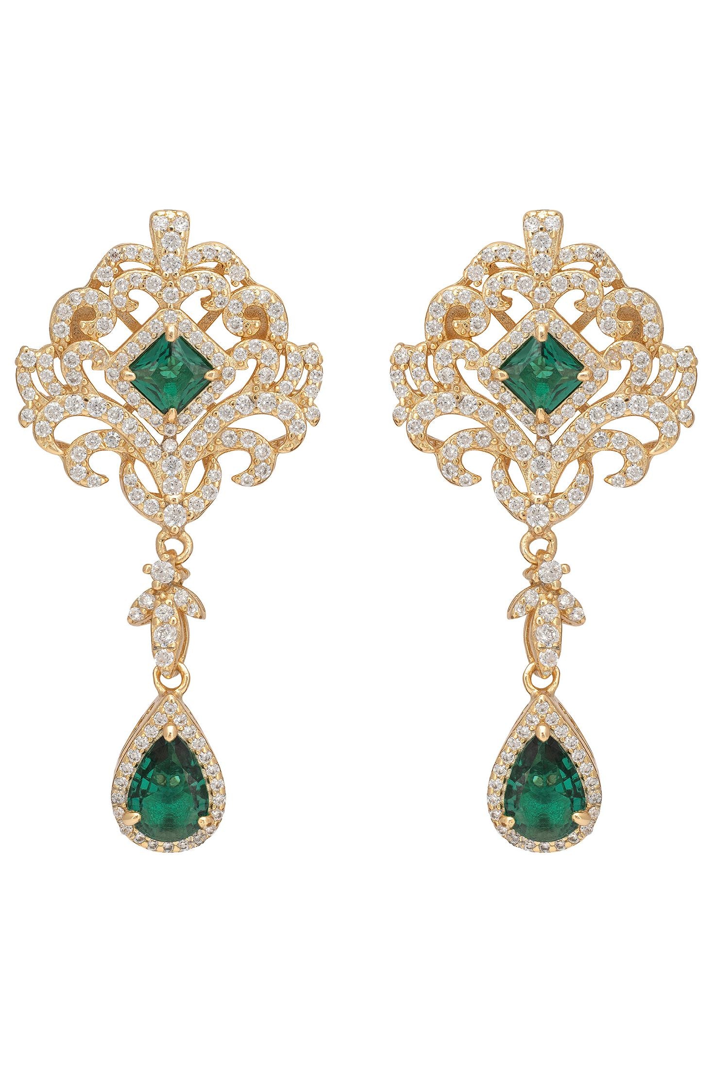 Pair of gold earrings with green gemstones on a white background