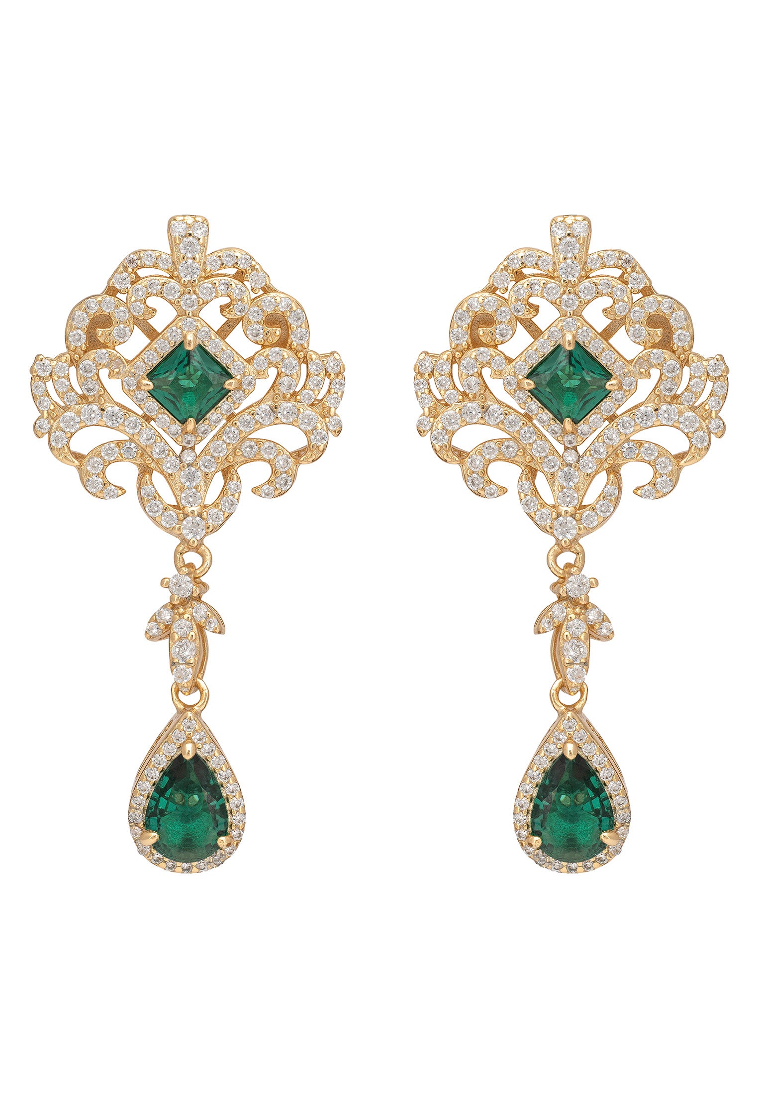 Pair of gold earrings with green gemstones on a white background