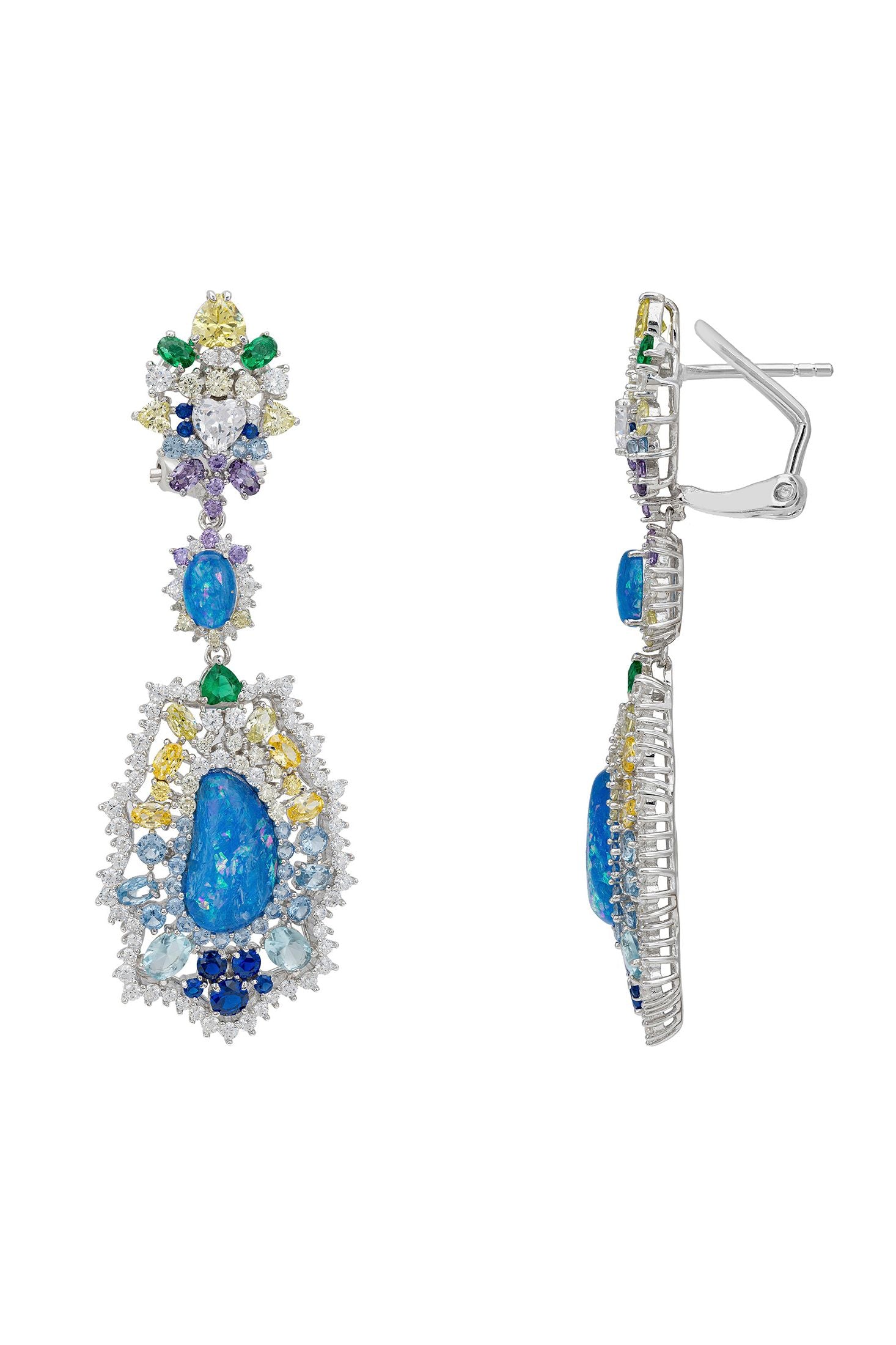 Angled view of Frida Blue Opal Rainbow Drop Earrings Silver, showing bow design, silver finish and the jewellery profile.