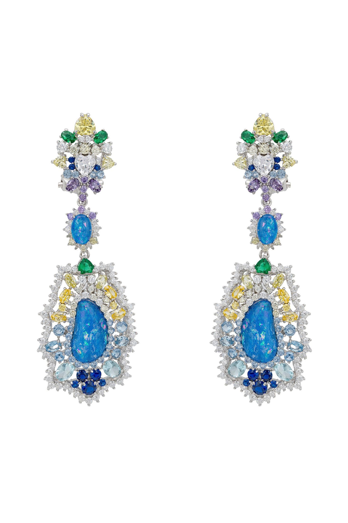 Front view of Frida Blue Opal Rainbow Drop Earrings Silver, showing bee design, cubic zirconia and zirconia detailing, silver finish.