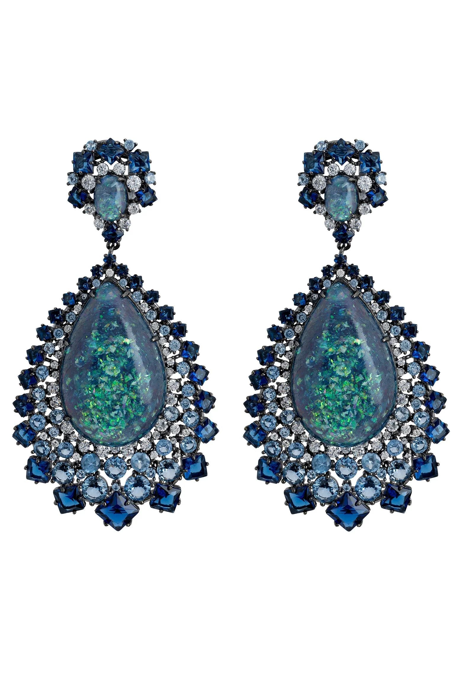 Teardrop green opal blue statement earrings.