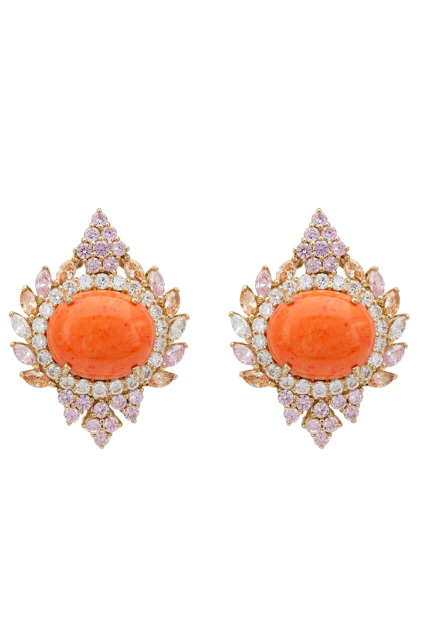 Front view of Francesca Pink Coral Stud Earrings Gold, showing bee design, zirconia and rose quartz detailing, gold finish.
