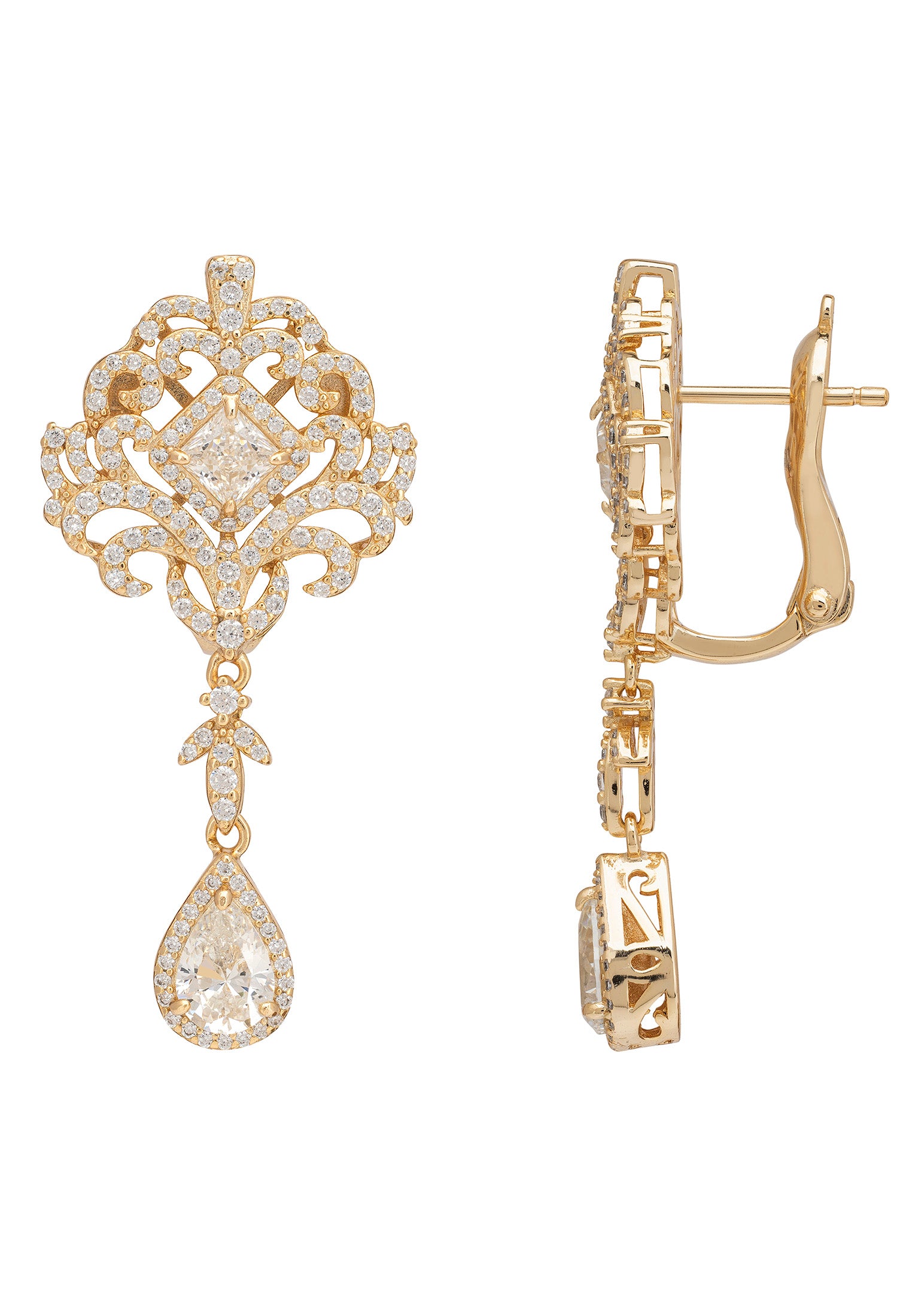 Gold earrings with intricate designs on a white background