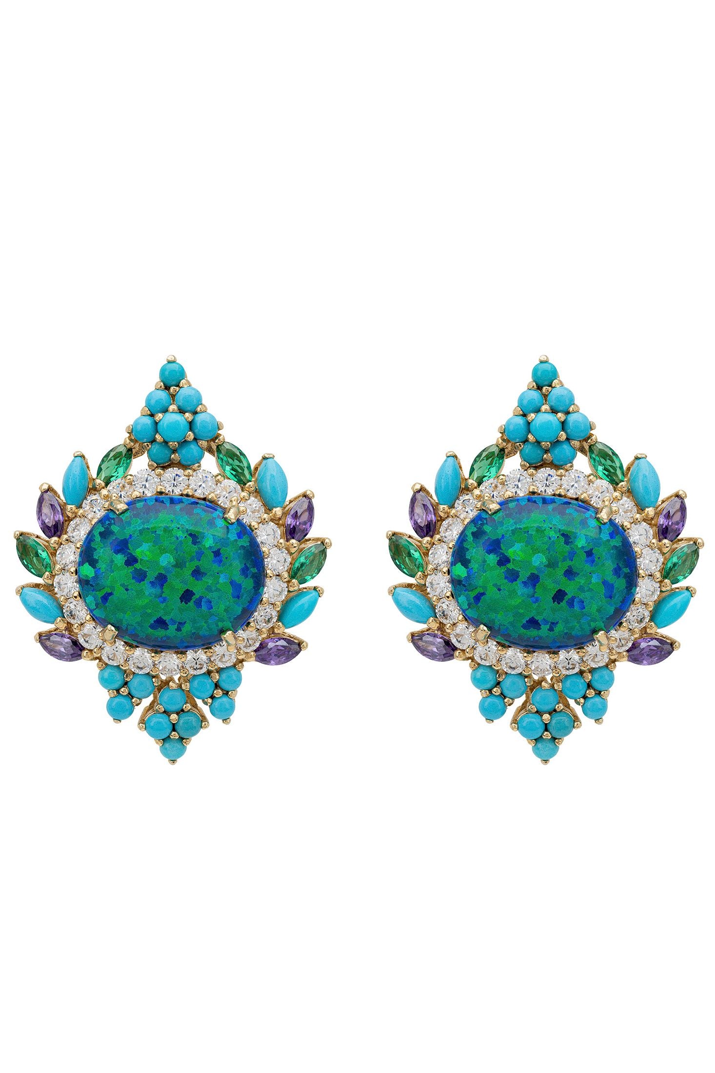 Front view of Francesca Blue Opal Stud Earrings Gold, showing cat design, zirconia and turquoise detailing, gold finish.