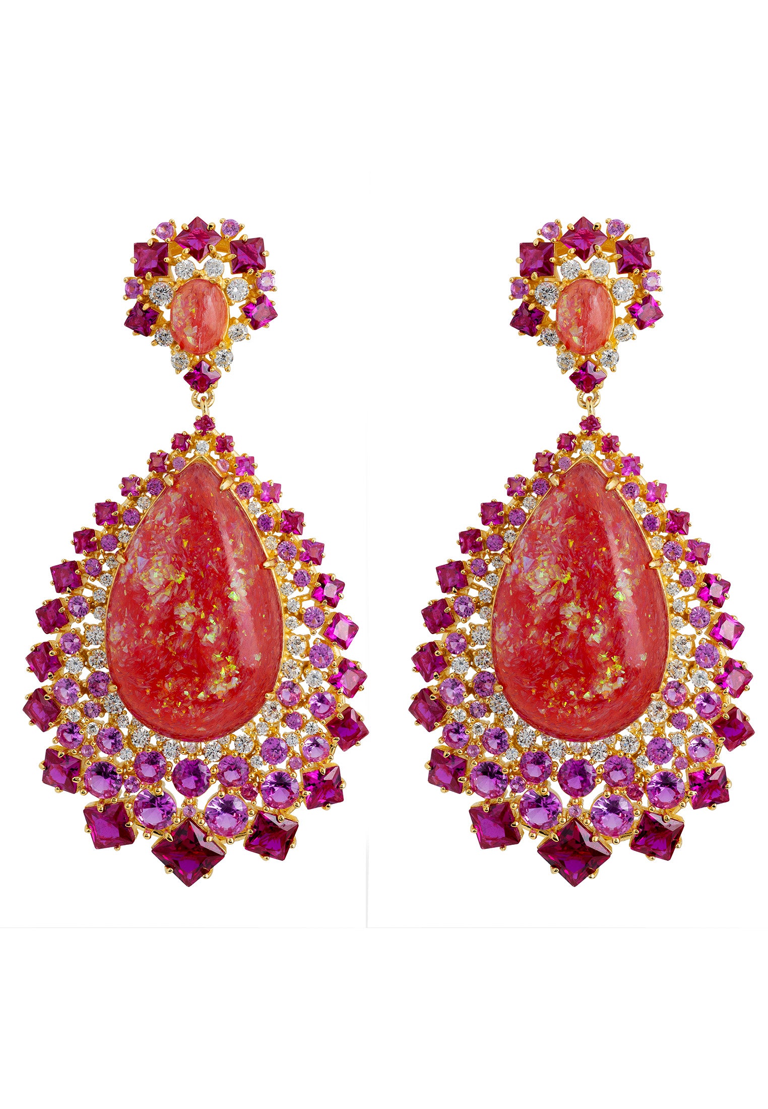 Teardrop red opal pink statement earrings.