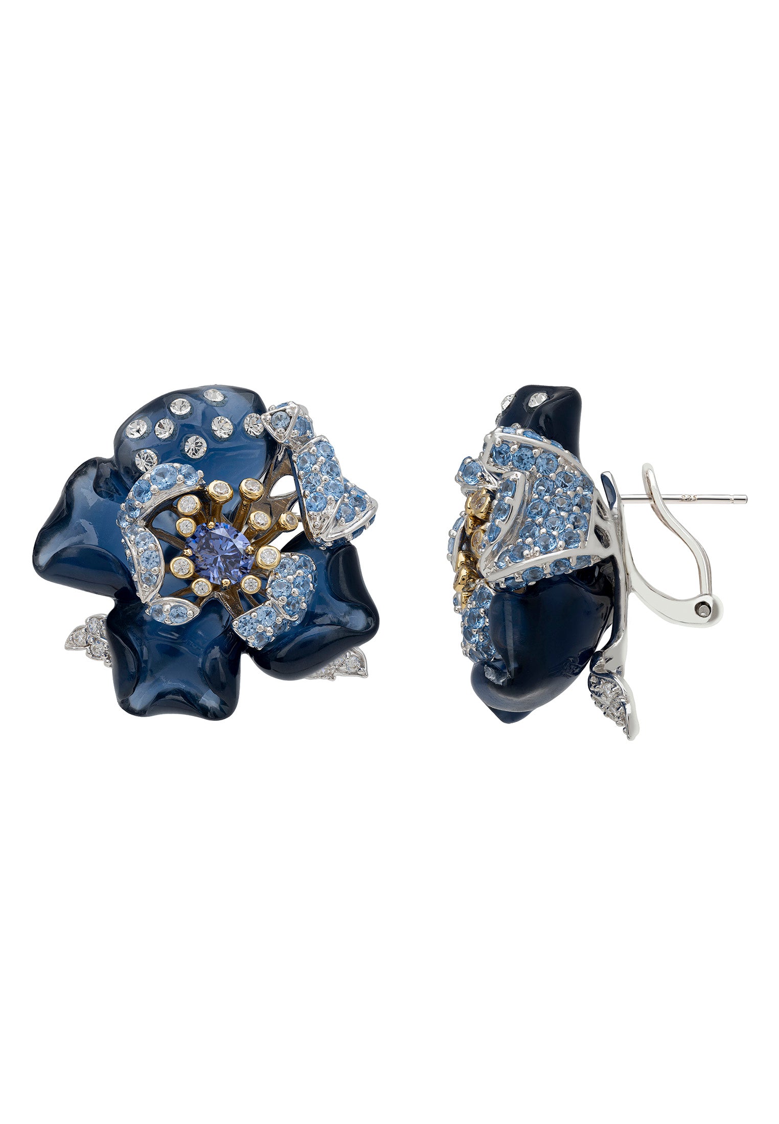 Blue Rose Flower Stud Earrings Silver