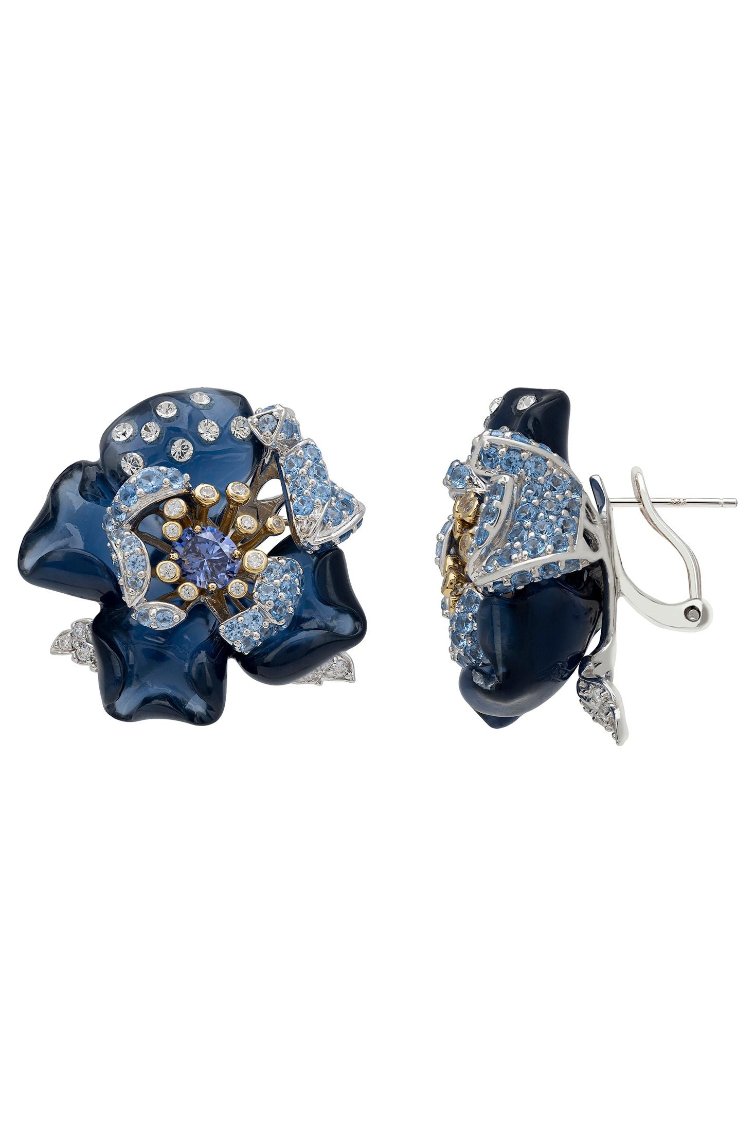 Angled view of Blue Rose Flower Stud Earrings Silver, showing flower design, silver finish and the jewellery profile.
