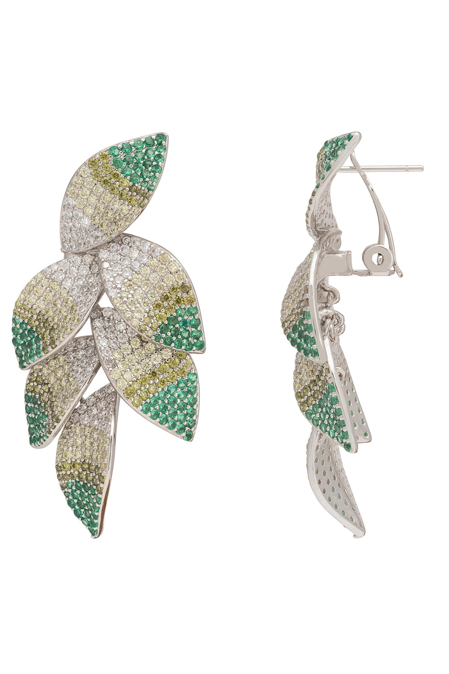 Leaf-shaped earrings with green and silver design on a white background