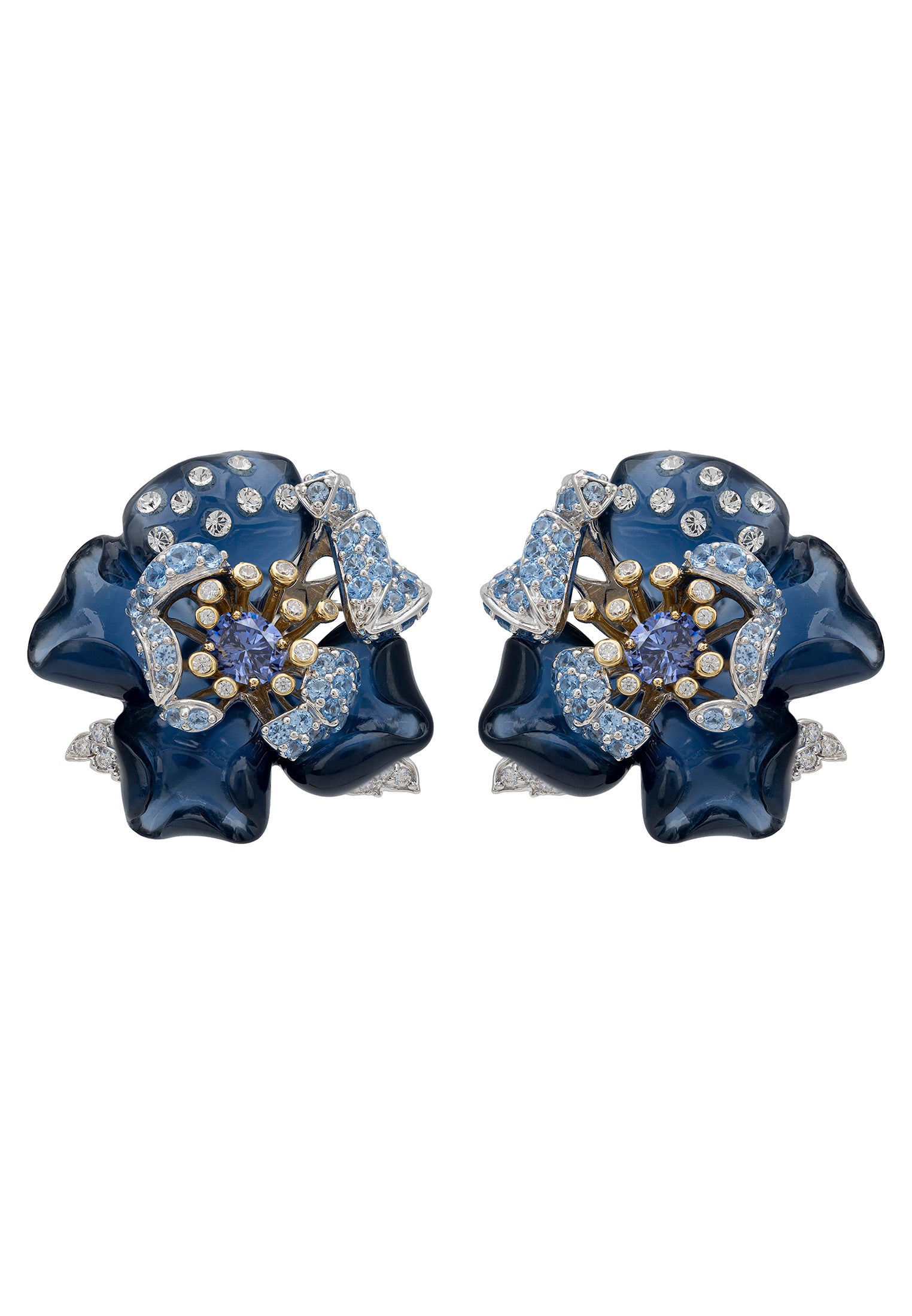 Blue Rose Flower Stud Earrings Silver