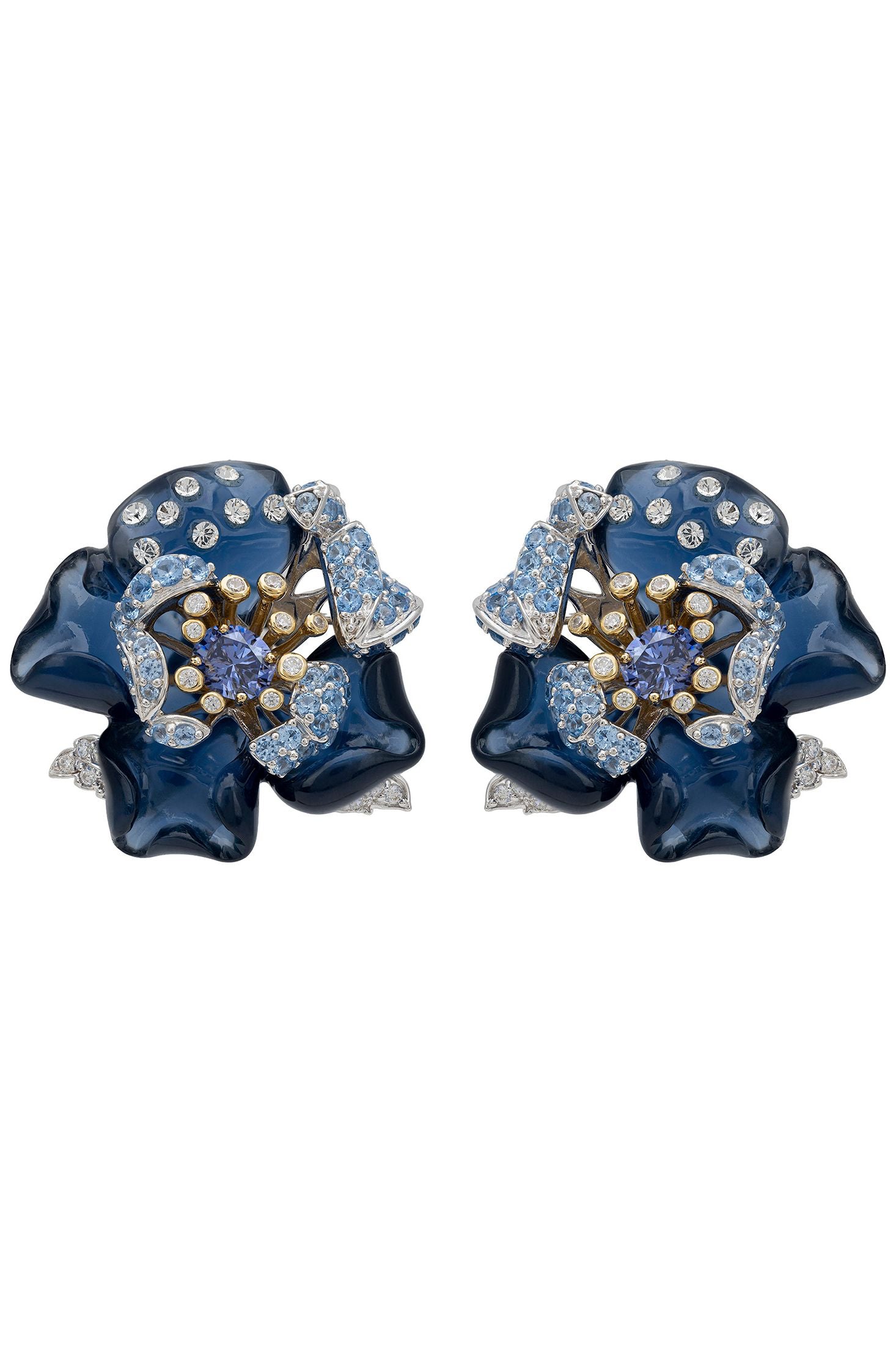 Front view of Blue Rose Flower Stud Earrings Silver, showing flower design, blue topaz and tanzanite detailing, silver finish.