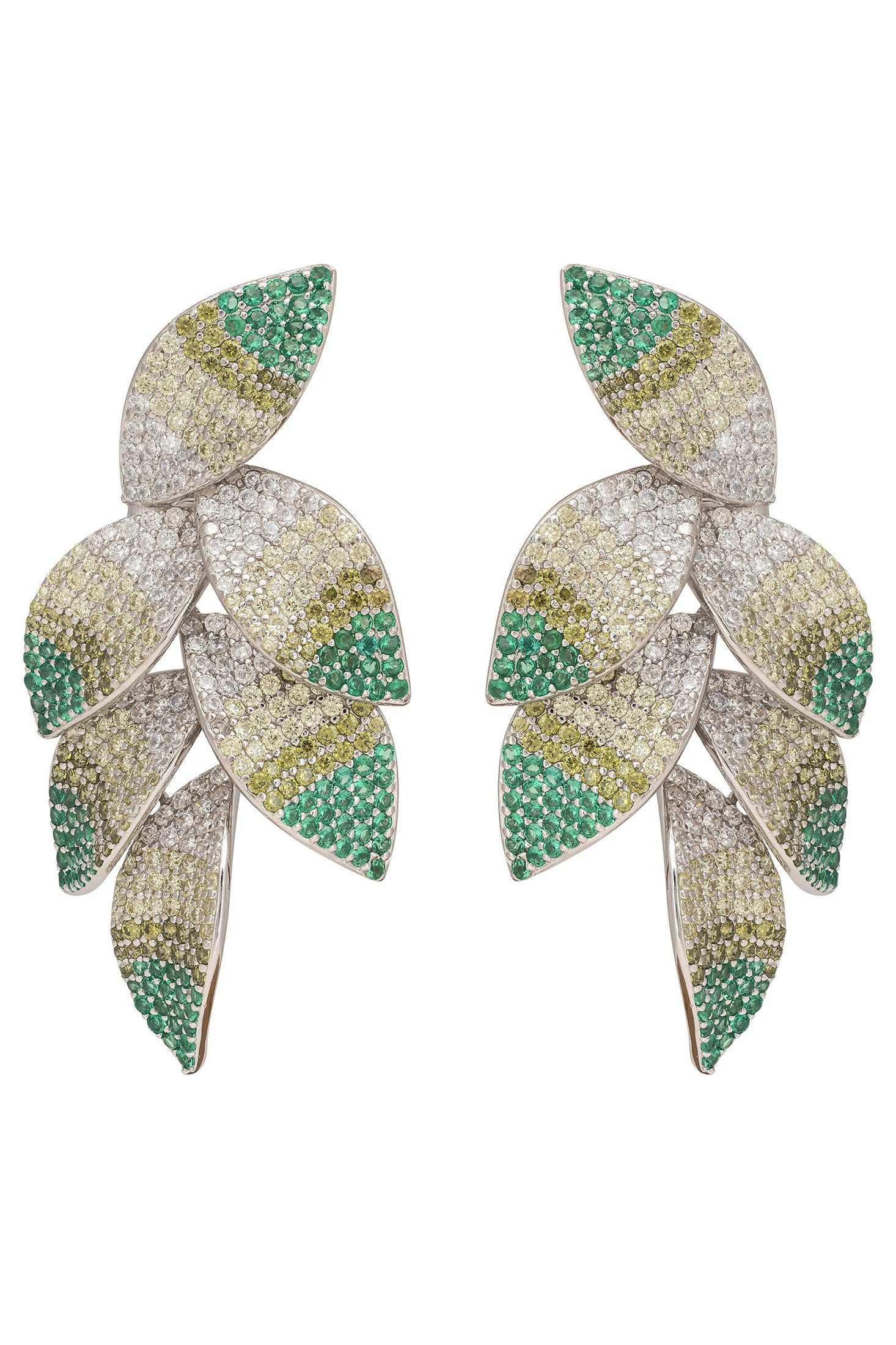 Leaf-shaped earrings with green and silver design on a white background