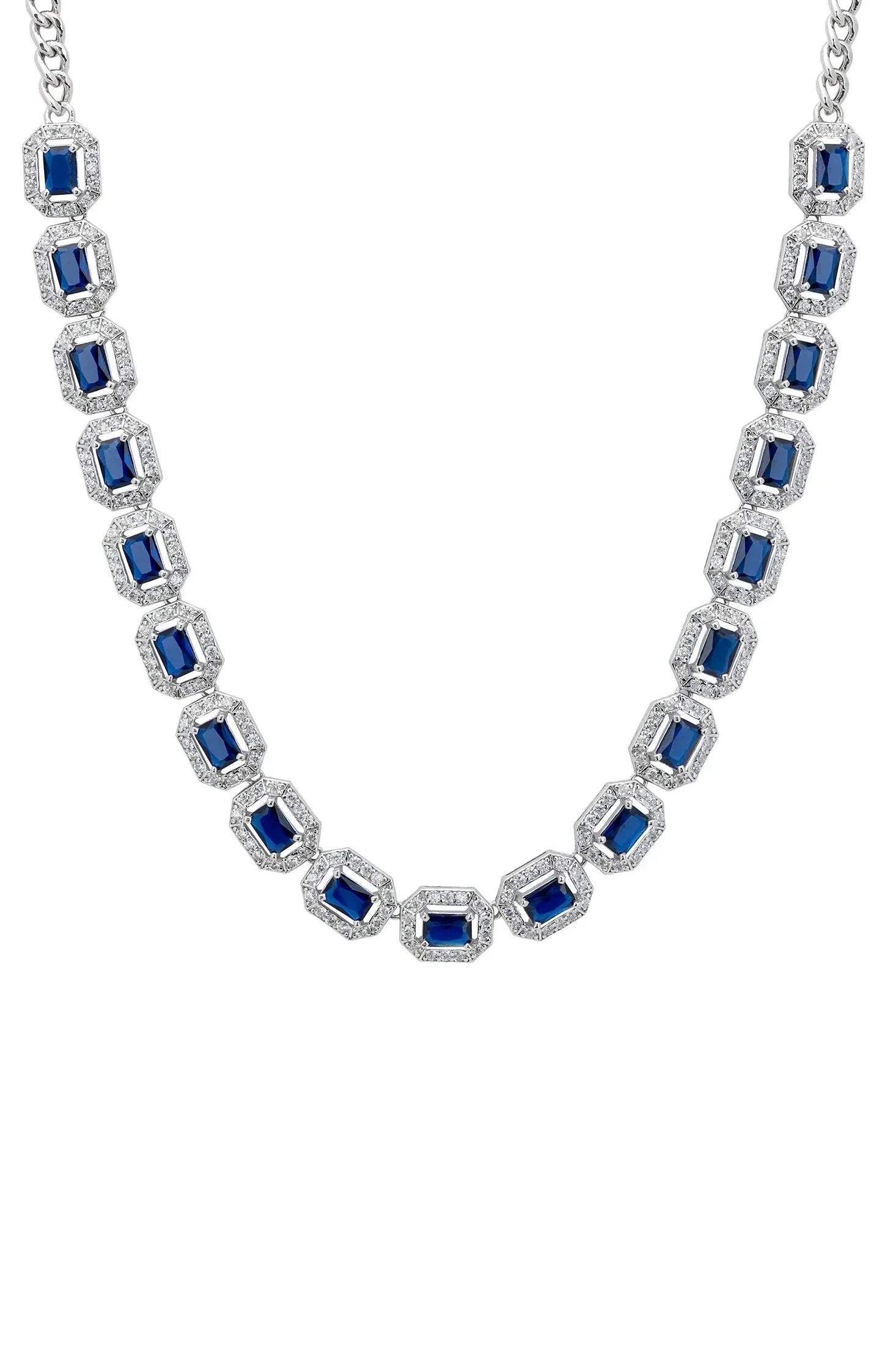 Close-up of the diamond halo sapphires.