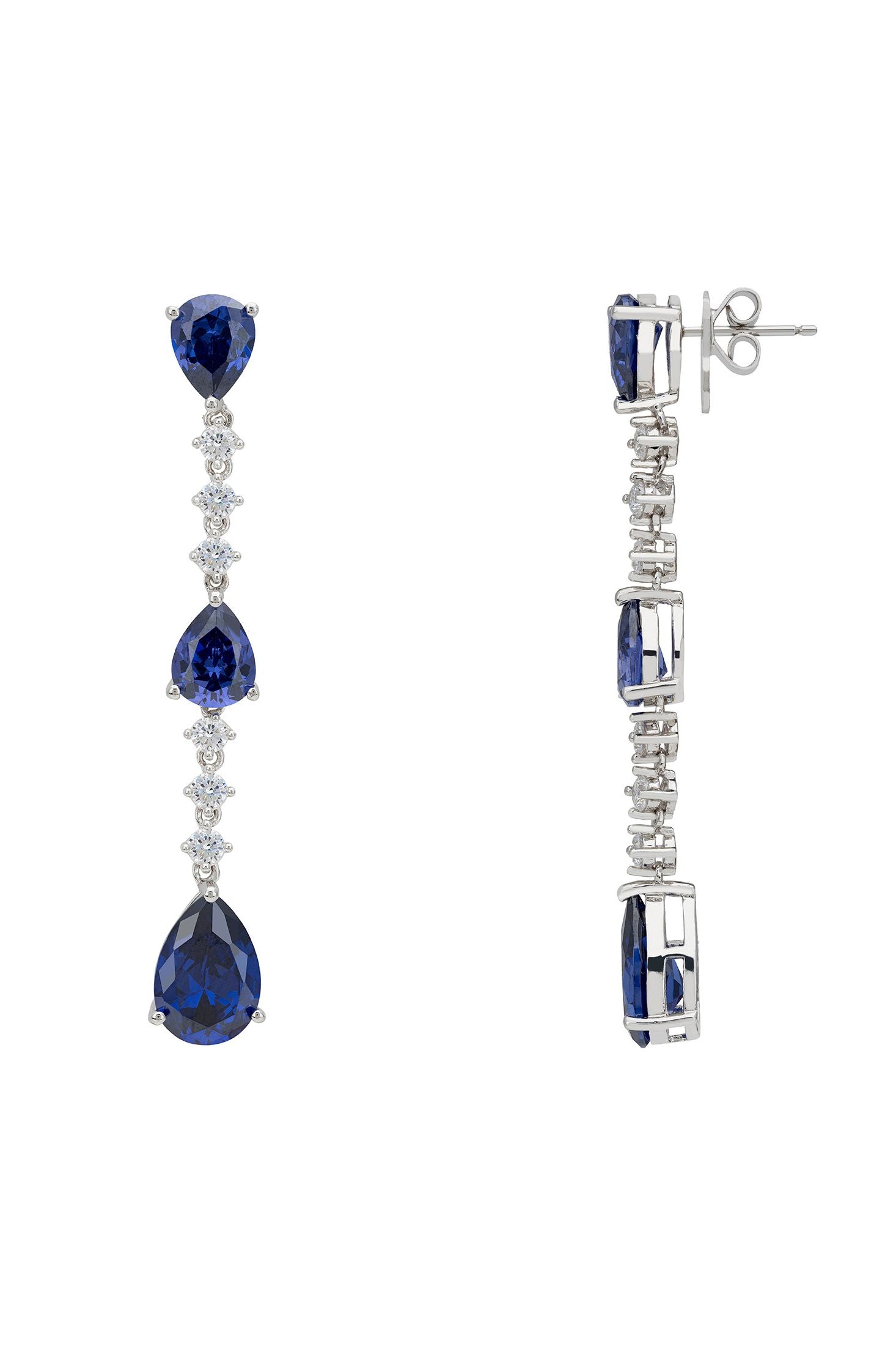 Angled view of Elizabeth Drop Earrings Tanzanite Silver, showing tanzanite detailing, silver finish and the jewellery profile.