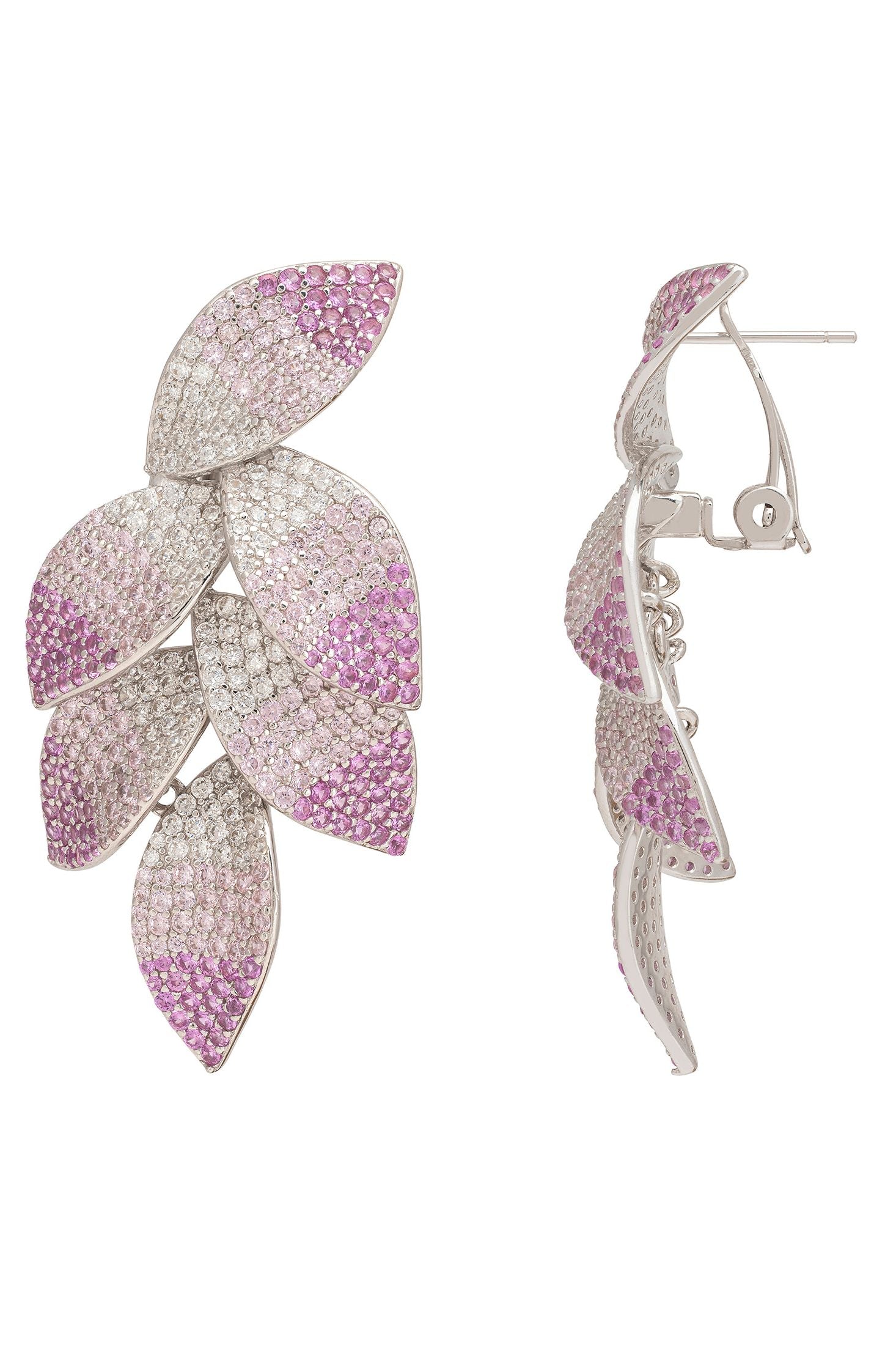 Leaf-shaped earrings with purple and silver detailing on a white background