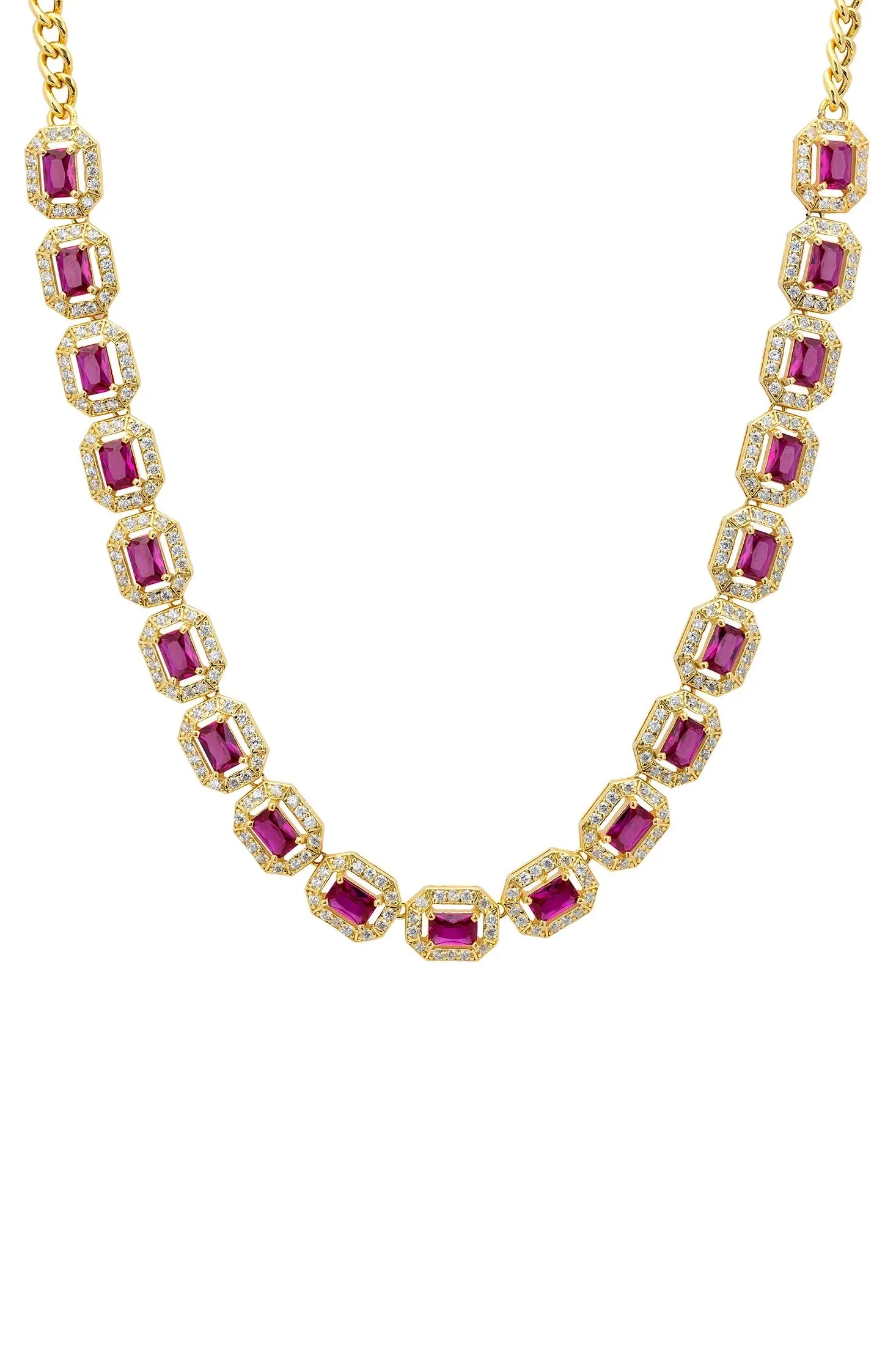 Close-up of the gold and diamond halo rubies.
