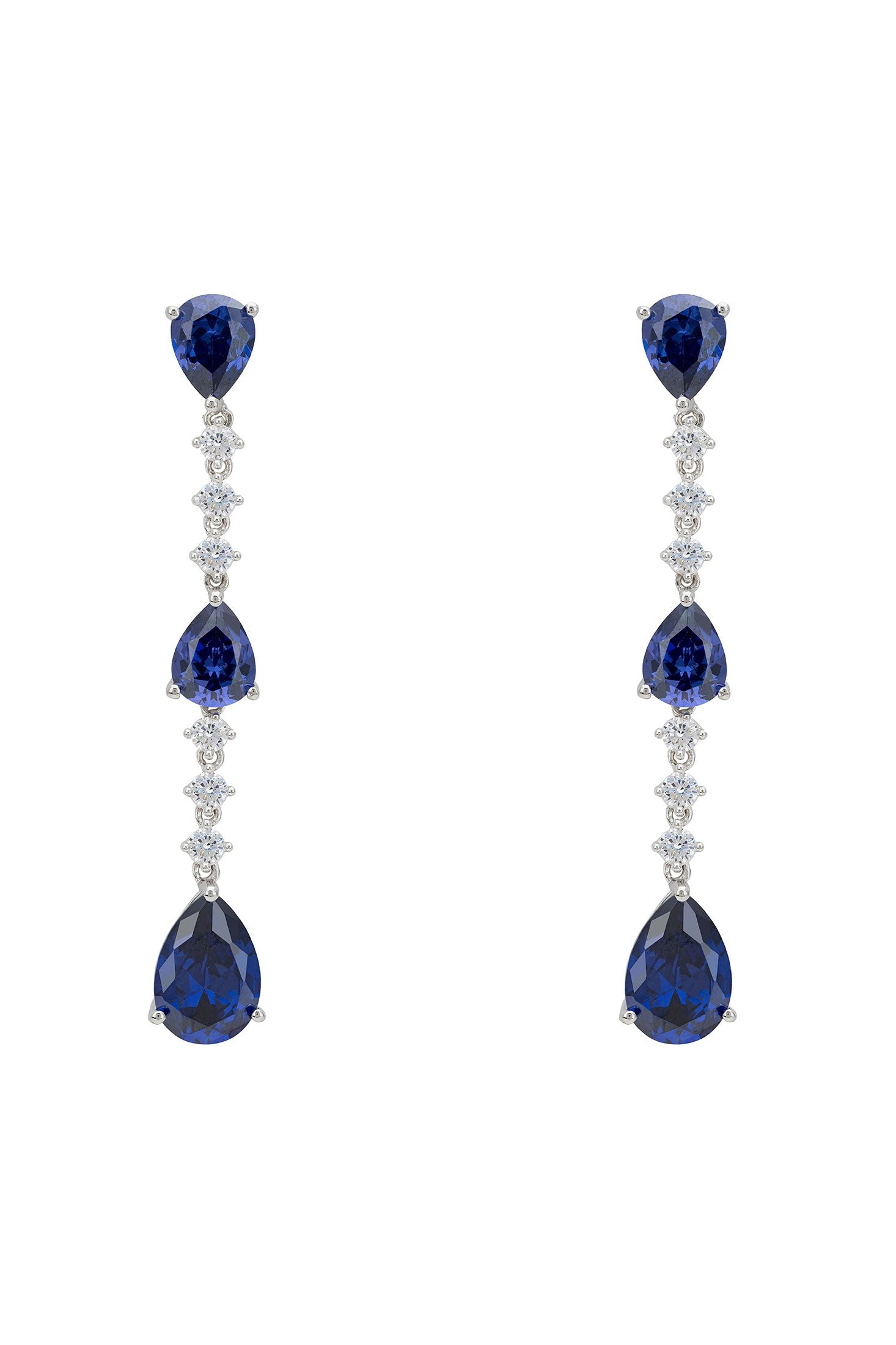Front view of Elizabeth Drop Earrings Tanzanite Silver, showing tanzanite detailing, silver finish.
