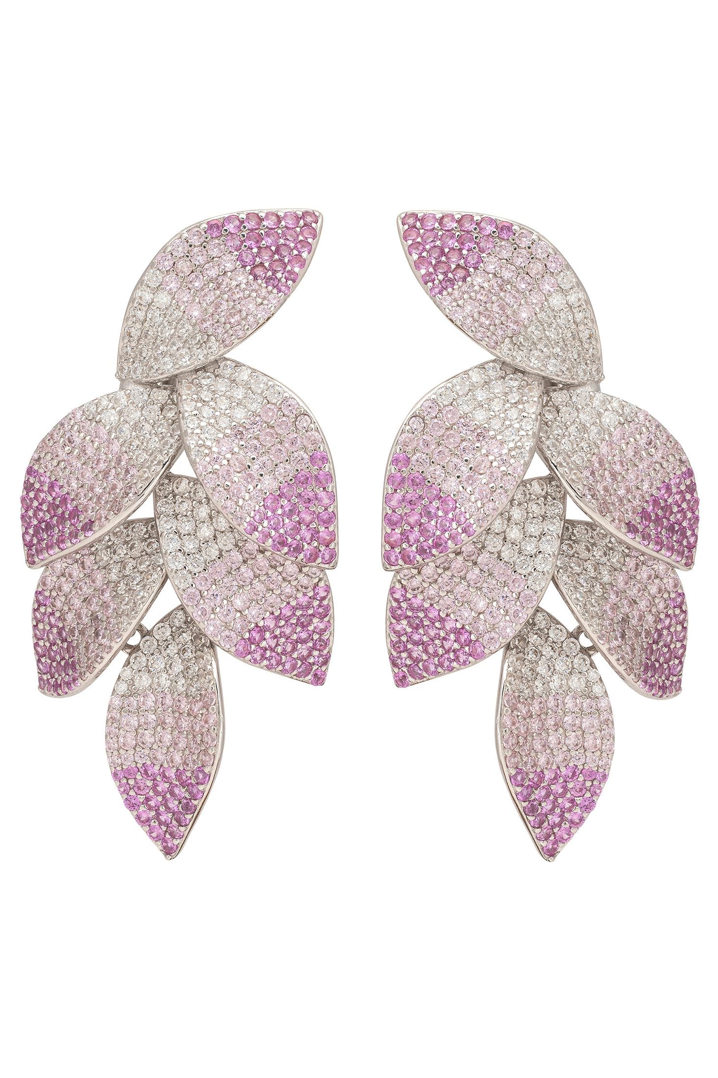 Pair of leaf-shaped earrings with purple and silver design on a white background