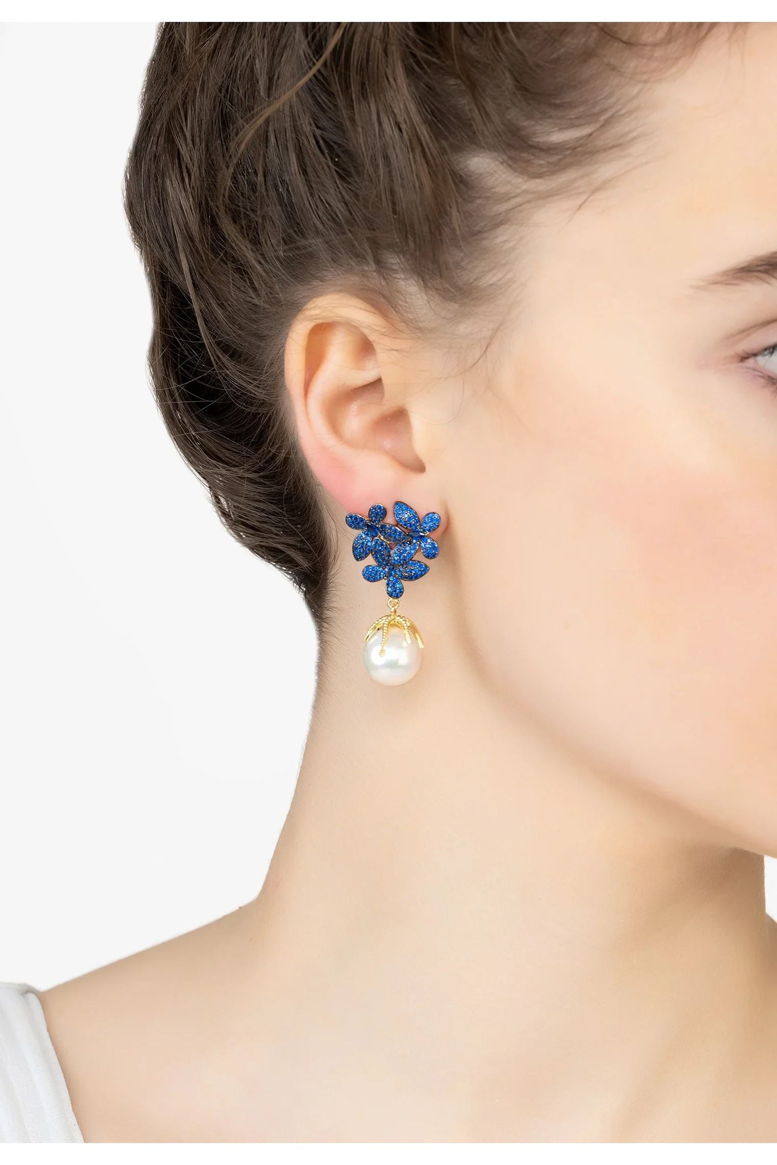 Flowers Pearl Earrings Sapphire Blue Gold