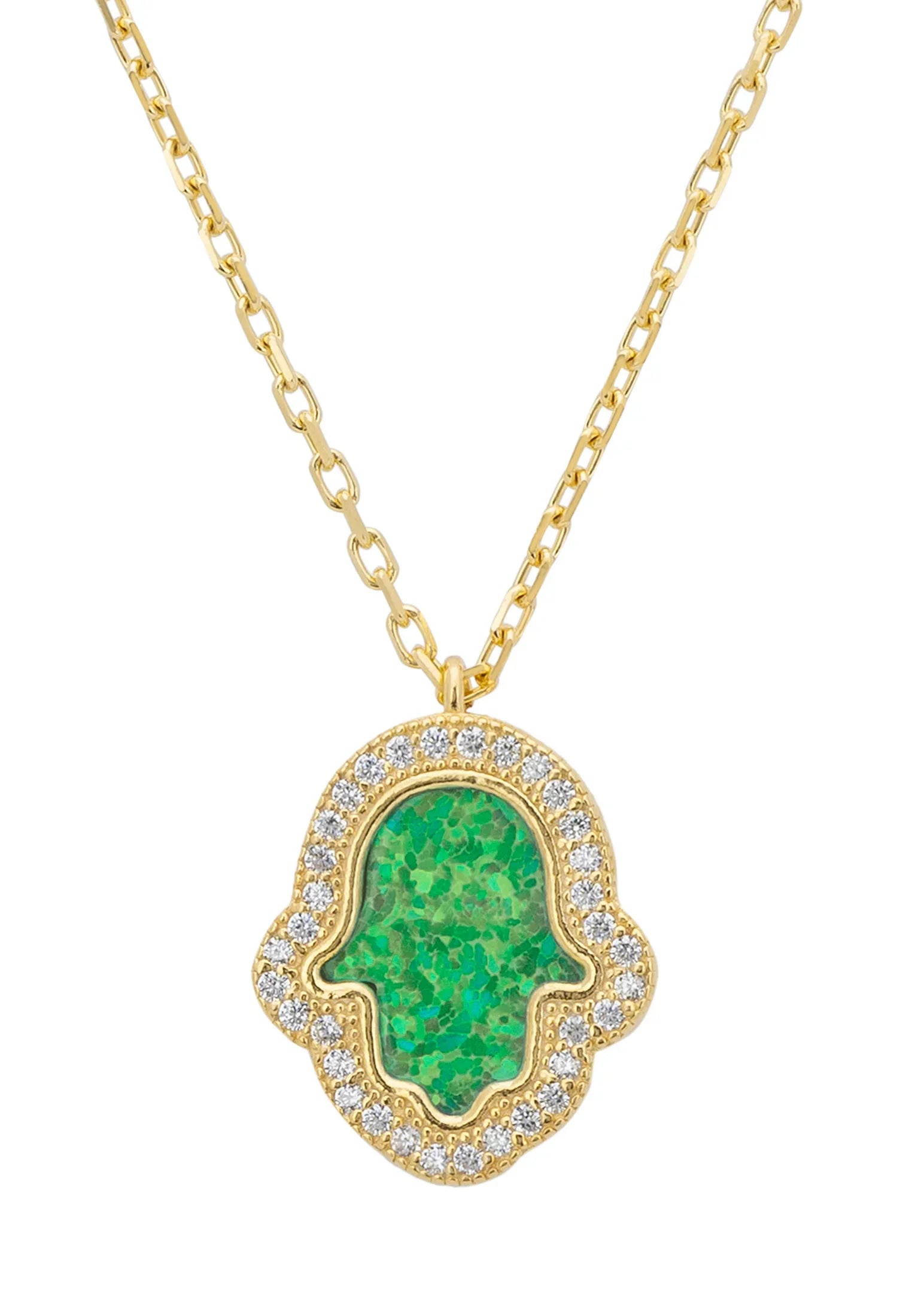 Close-up of the green opal hamsa hand.