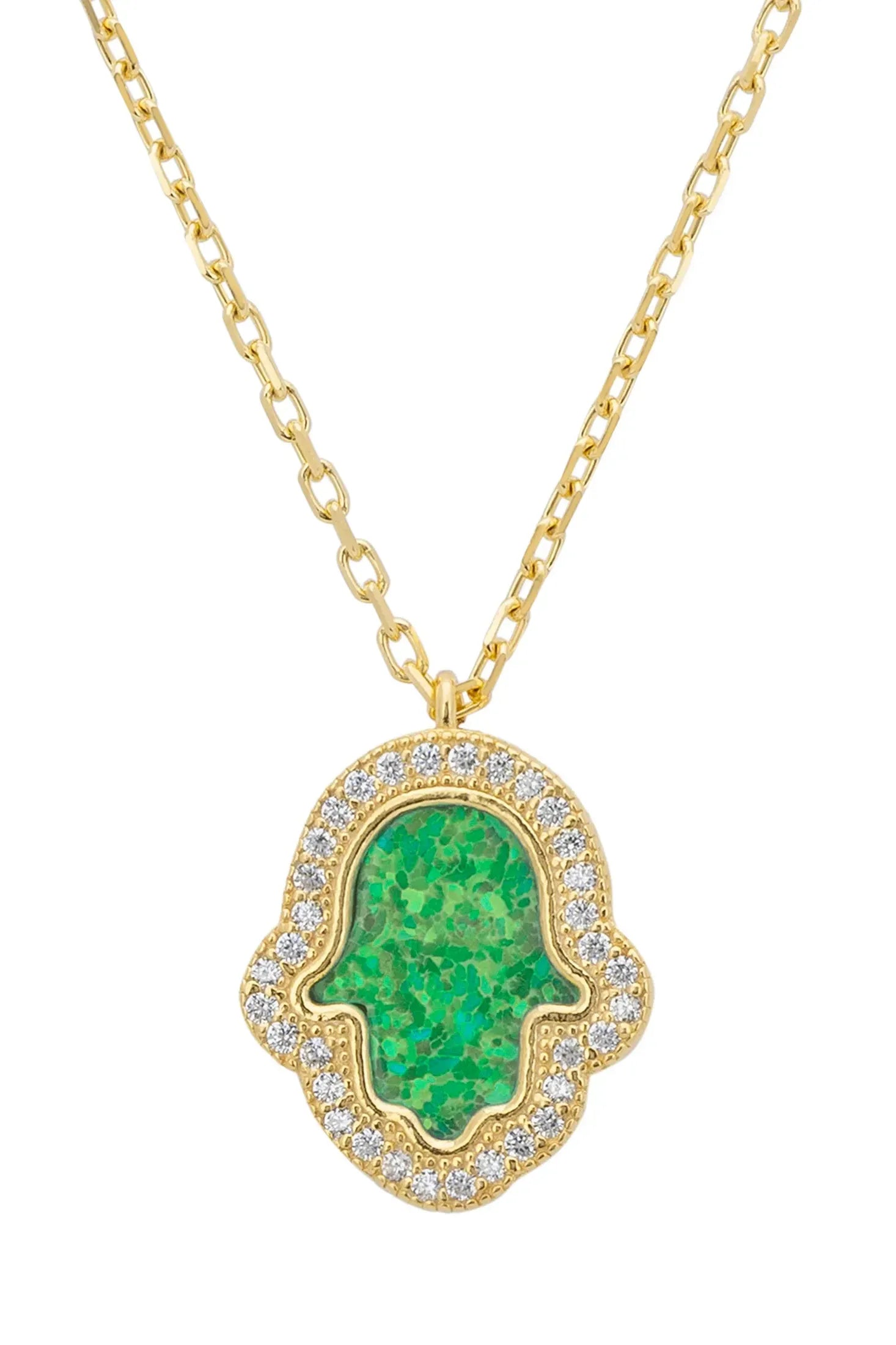 Close-up of the green opal hamsa hand.