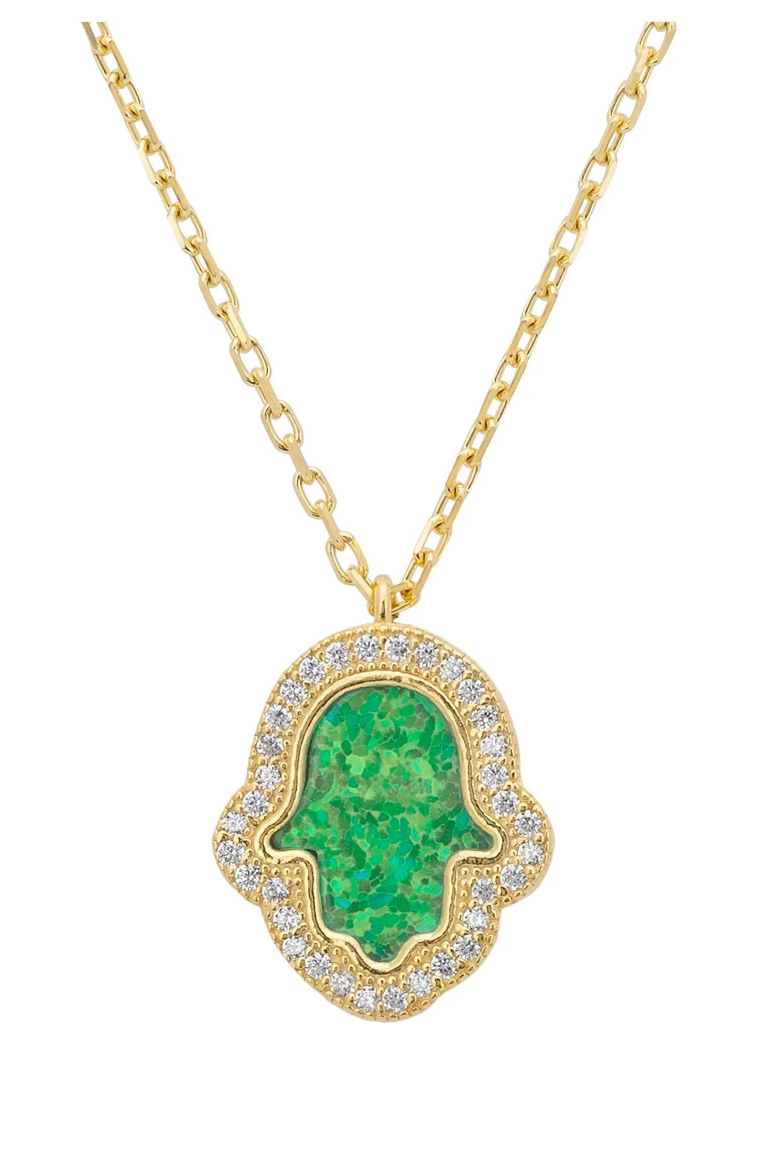 Close-up of the green opal hamsa hand.