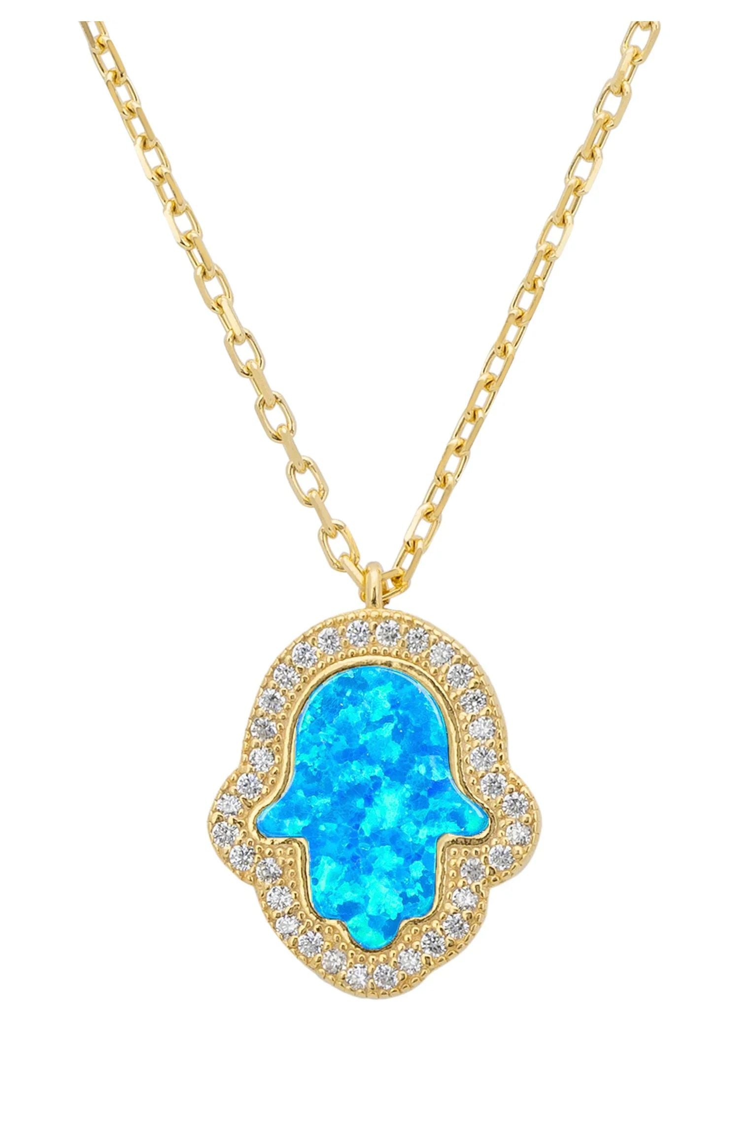 Close-up of the blue opal hamsa hand.