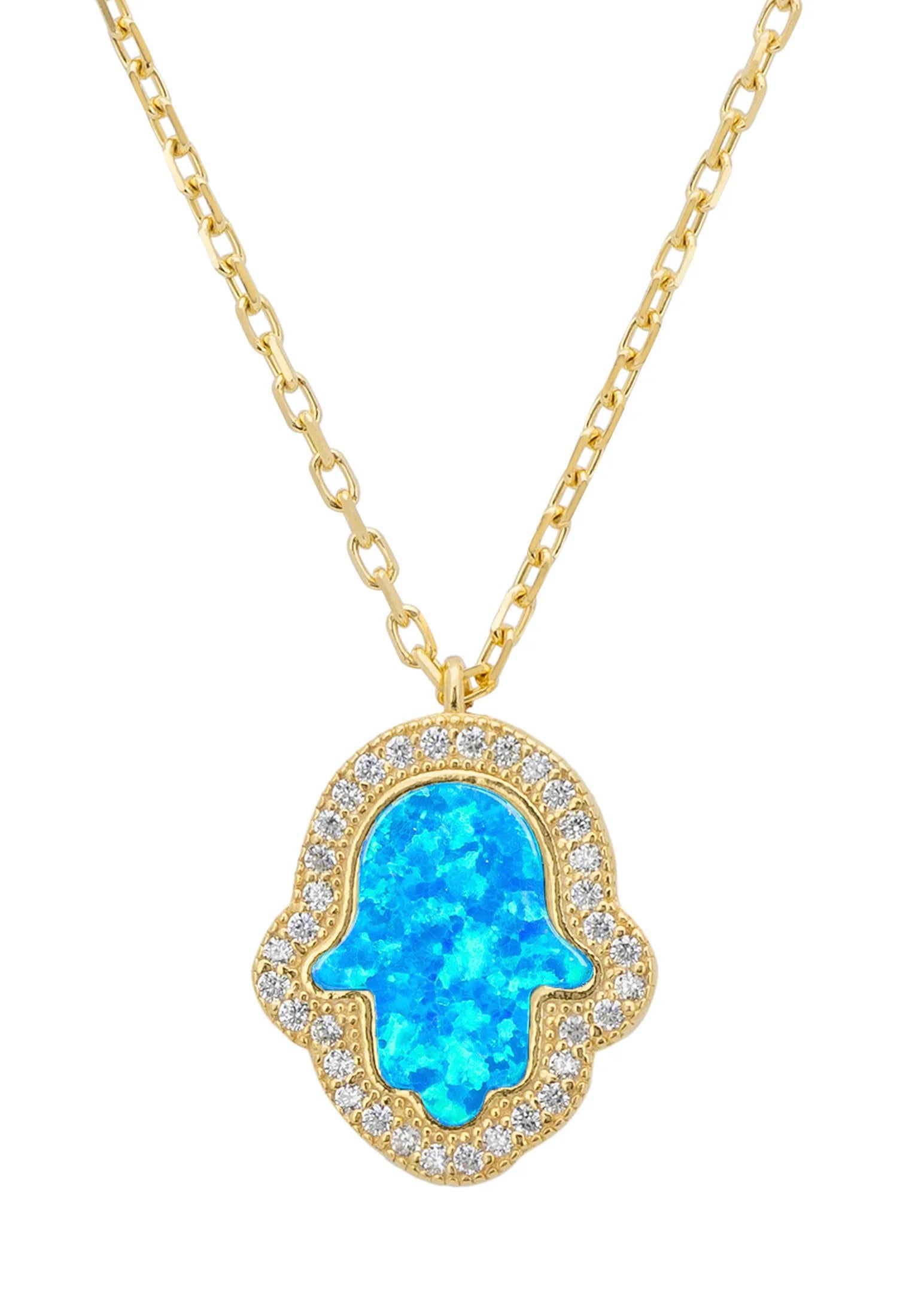 Close-up of the blue opal hamsa hand.