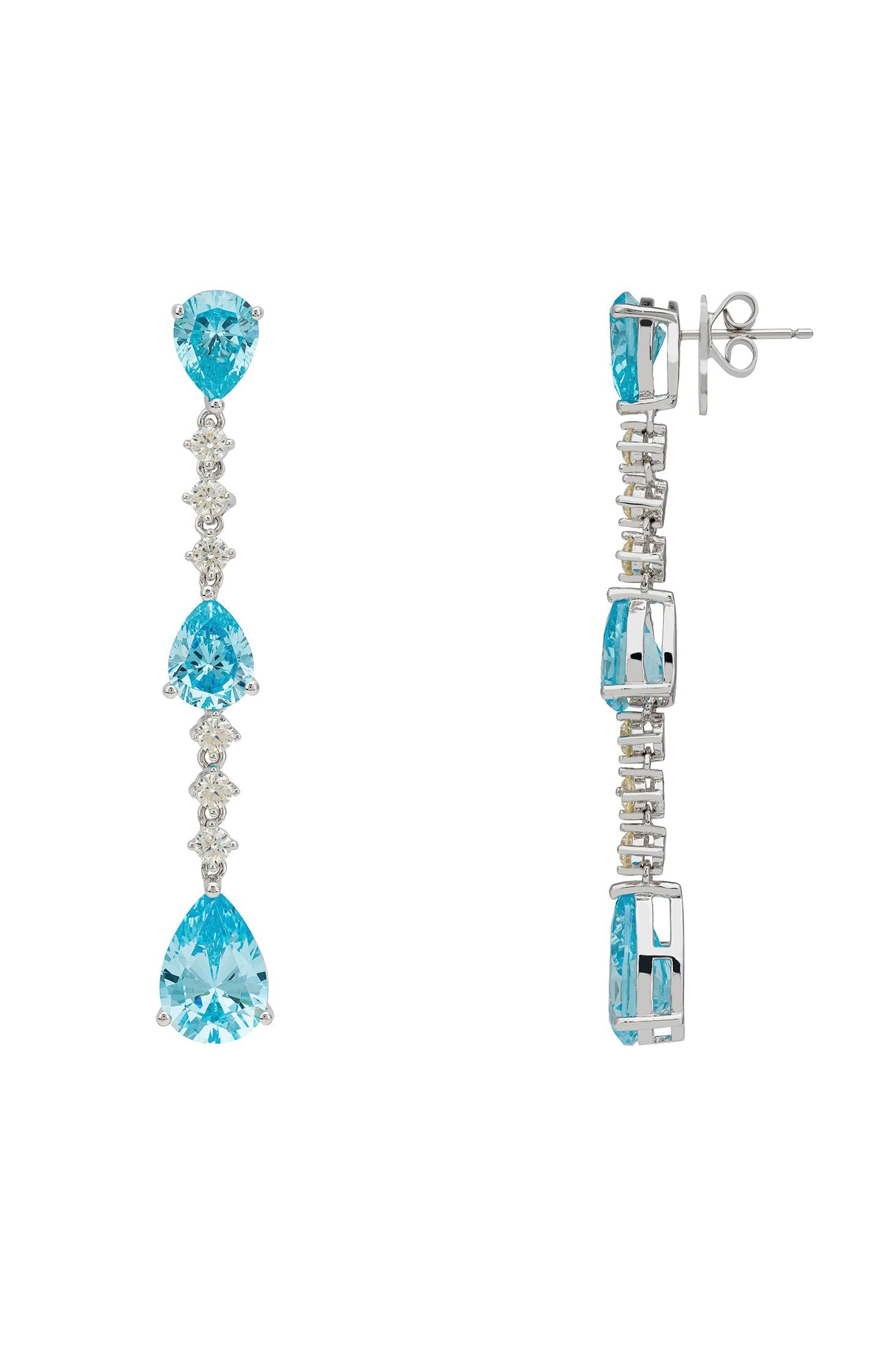 Angled view of Elizabeth Drop Earrings Blue Topaz Silver, showing blue topaz detailing, silver finish and the jewellery profile.