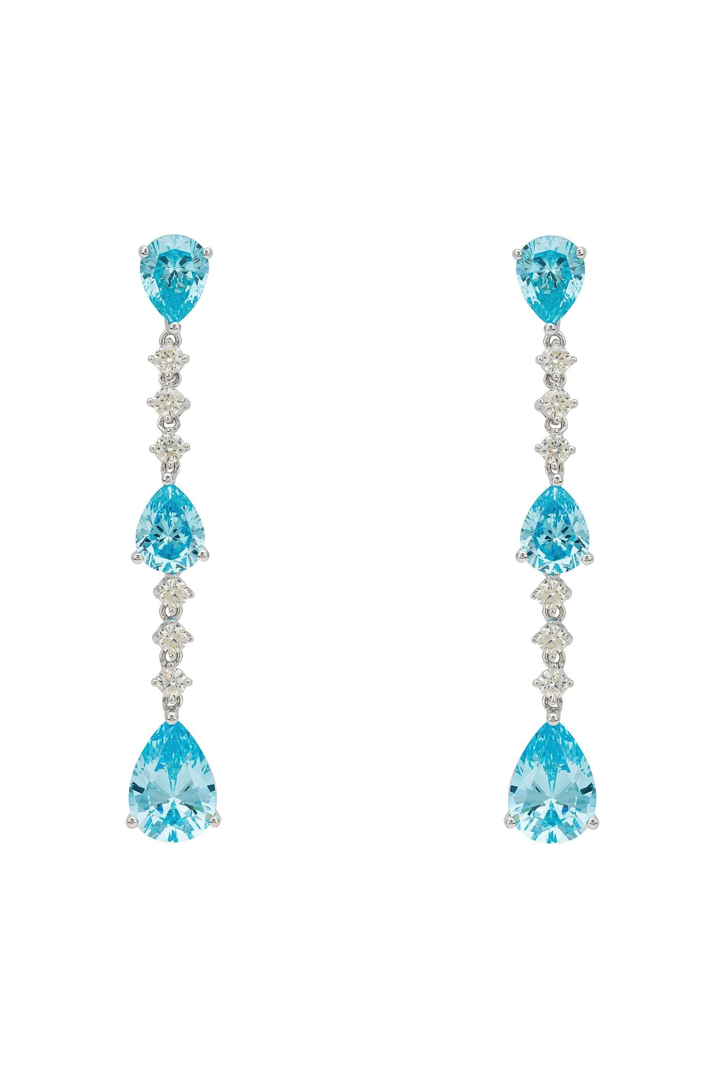 Front view of Elizabeth Drop Earrings Blue Topaz Silver, showing cat design, blue topaz detailing, silver finish.