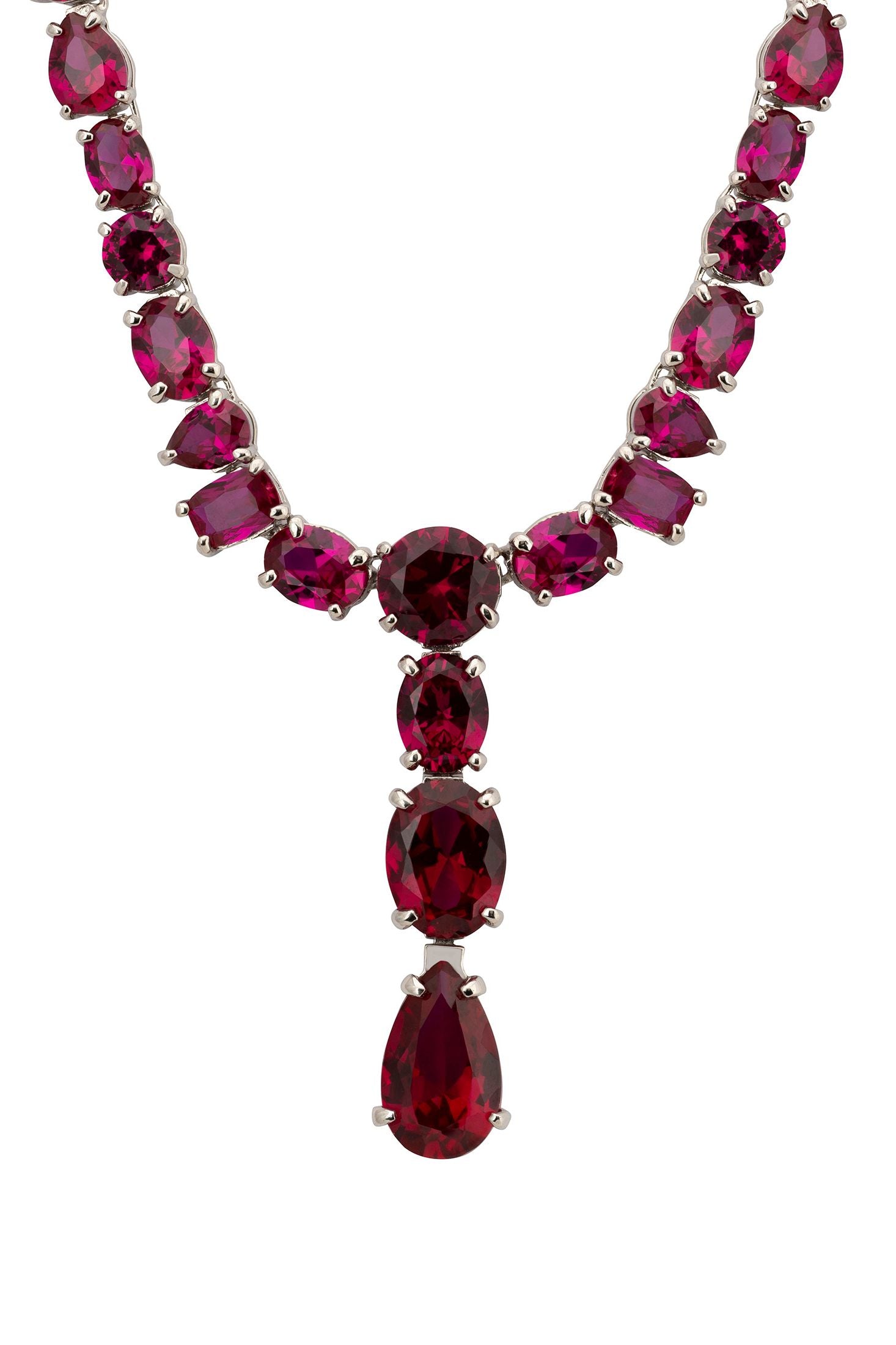 Close-up of the multiple shape ruby necklace.