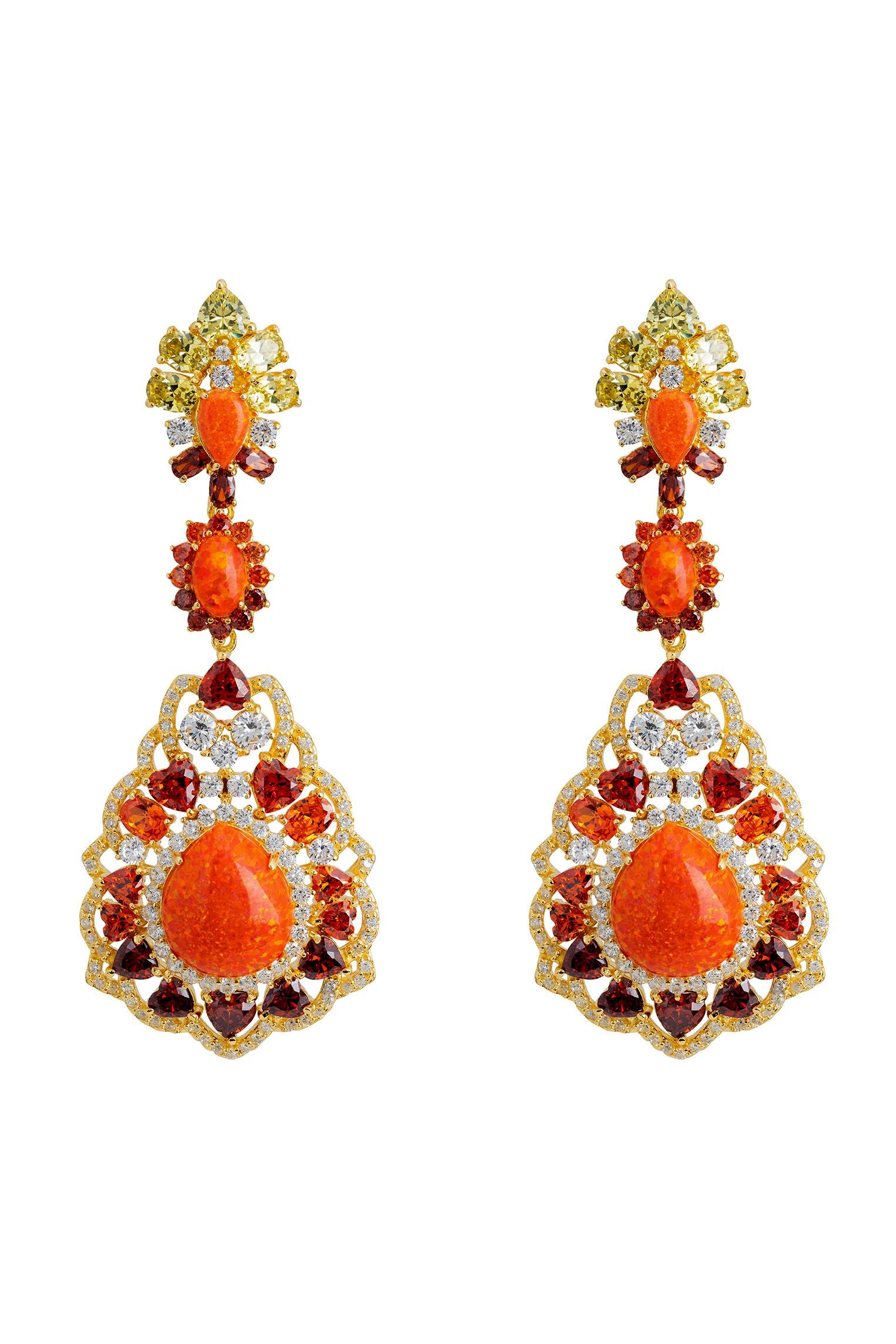 Orange opal gold statement earrings.