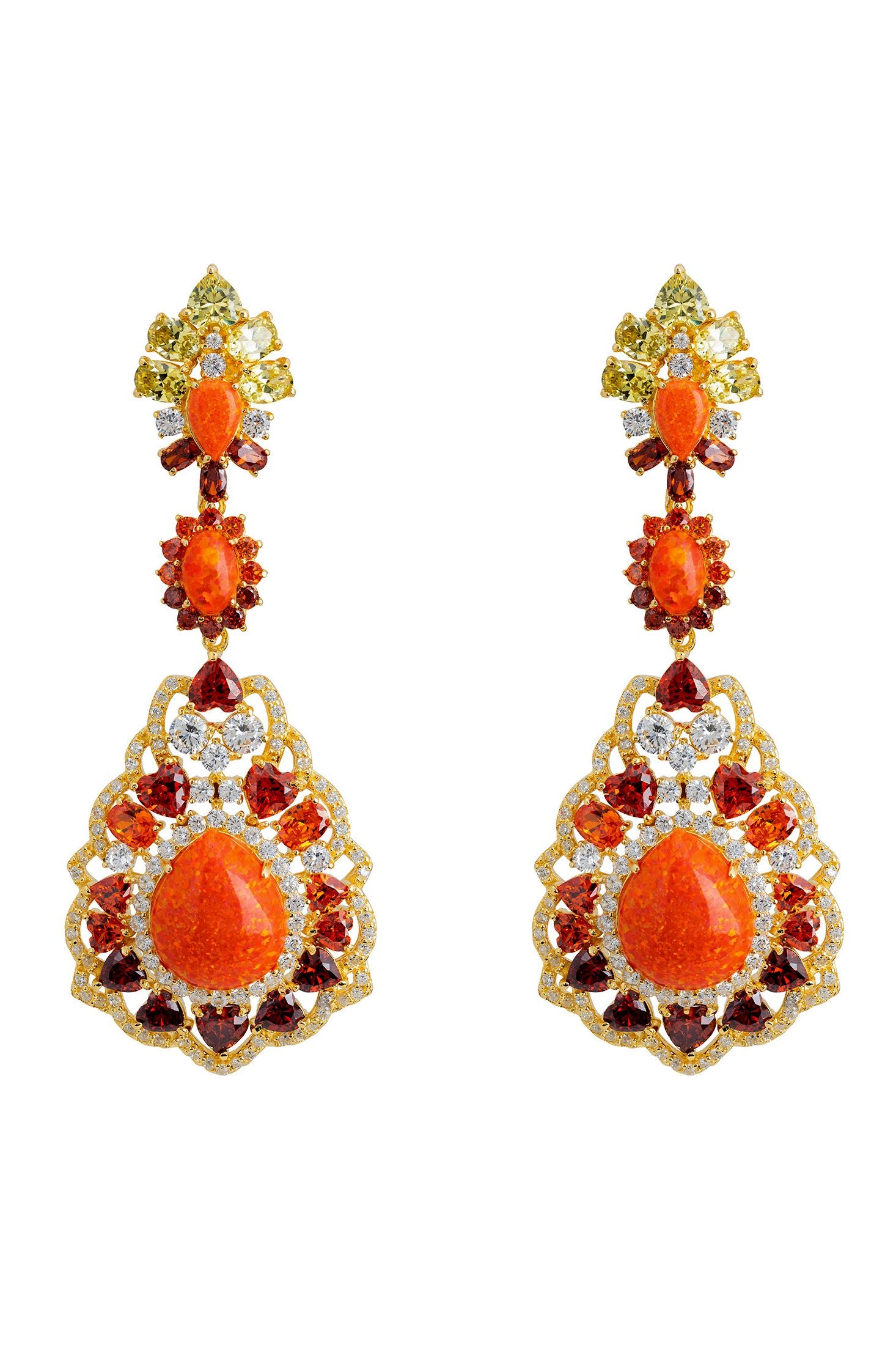 Orange opal gold statement earrings.