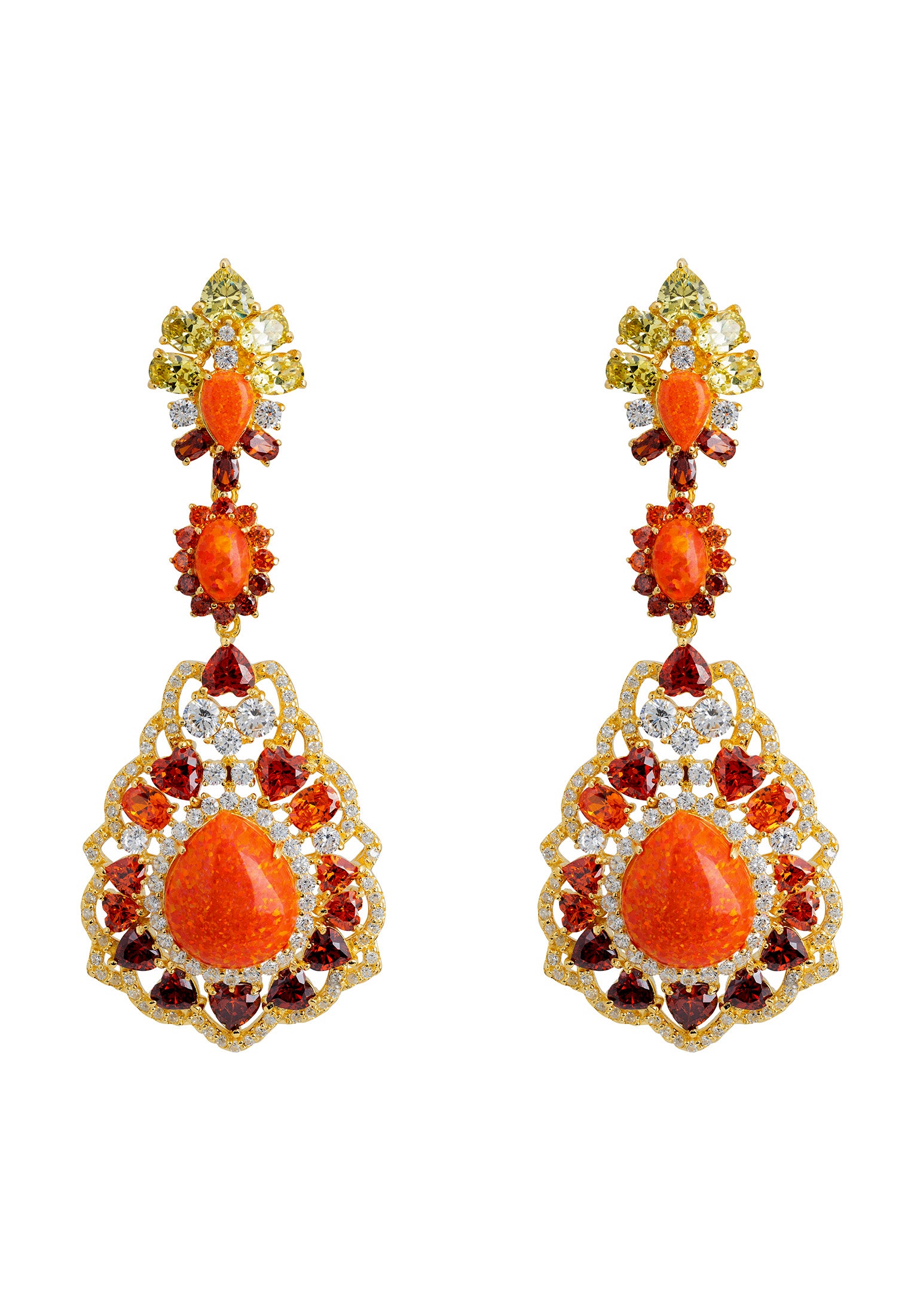 Orange opal gold statement earrings.