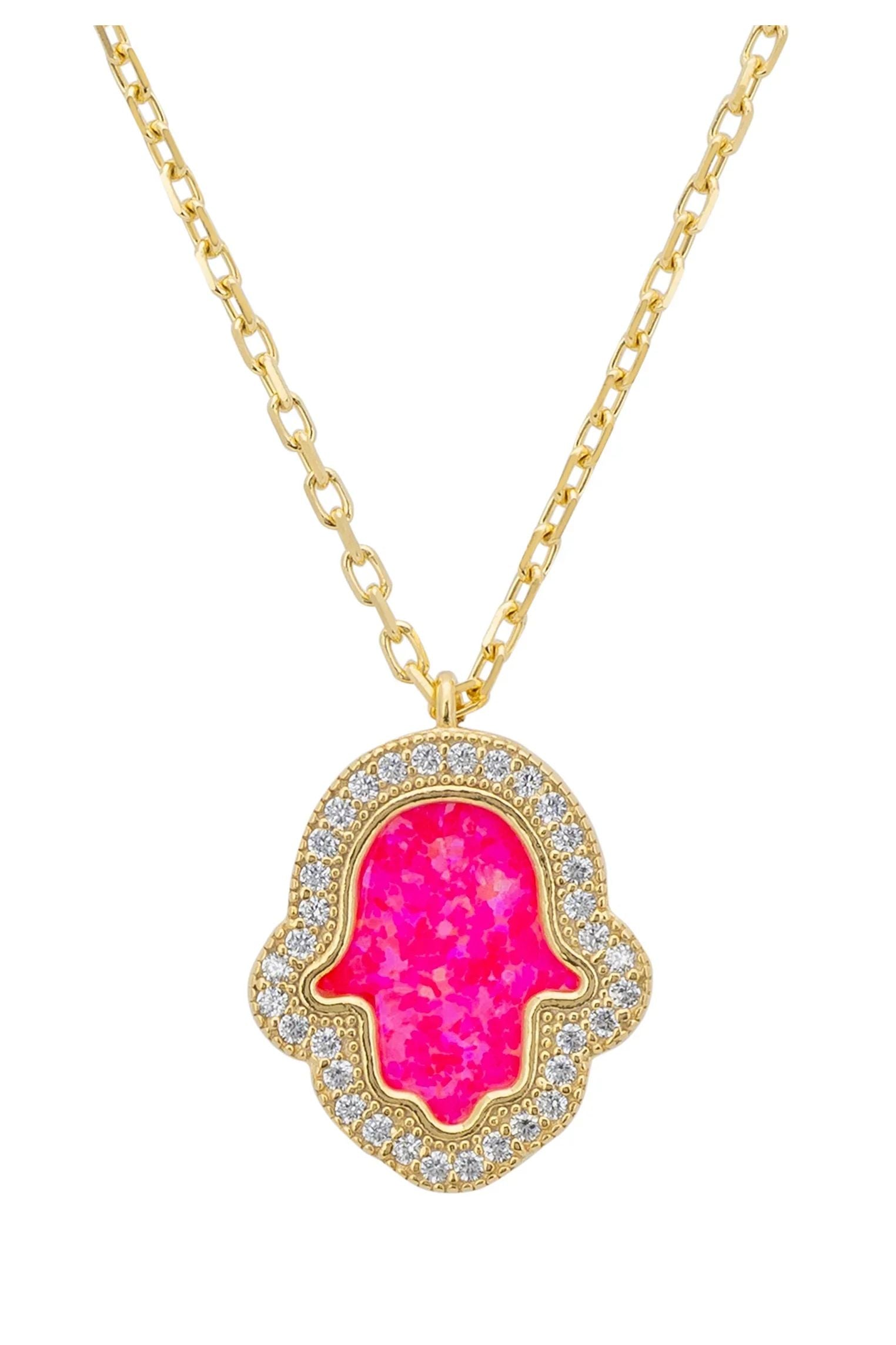 Close-up of the pink opal hamsa hand.