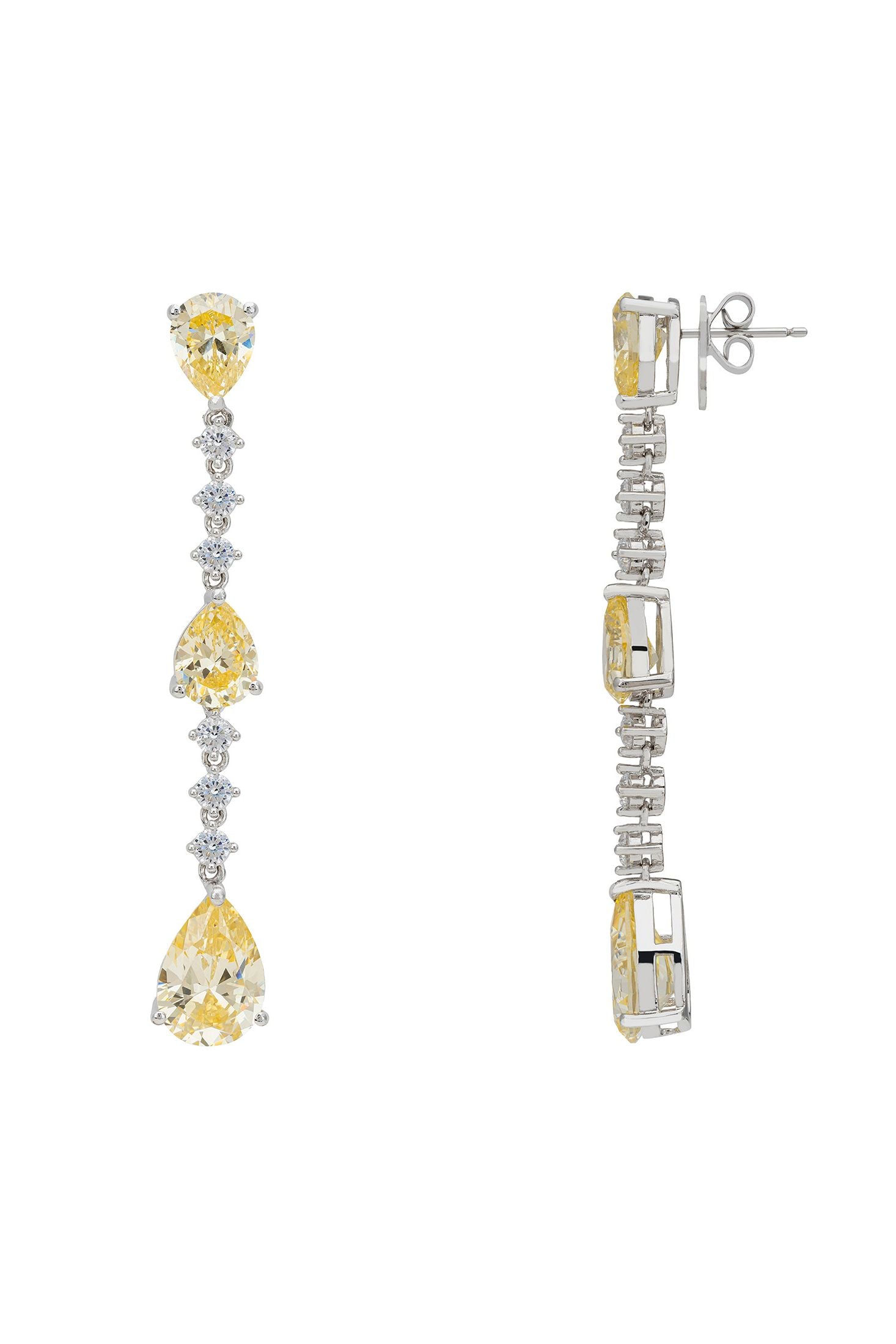 Angled view of Elizabeth Drop Earrings Yellow Topaz Silver, showing silver finish and the jewellery profile.
