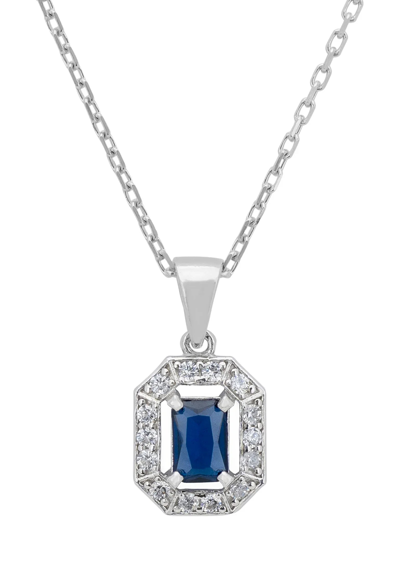 Close-up of the diamond halo sapphire pendant.
