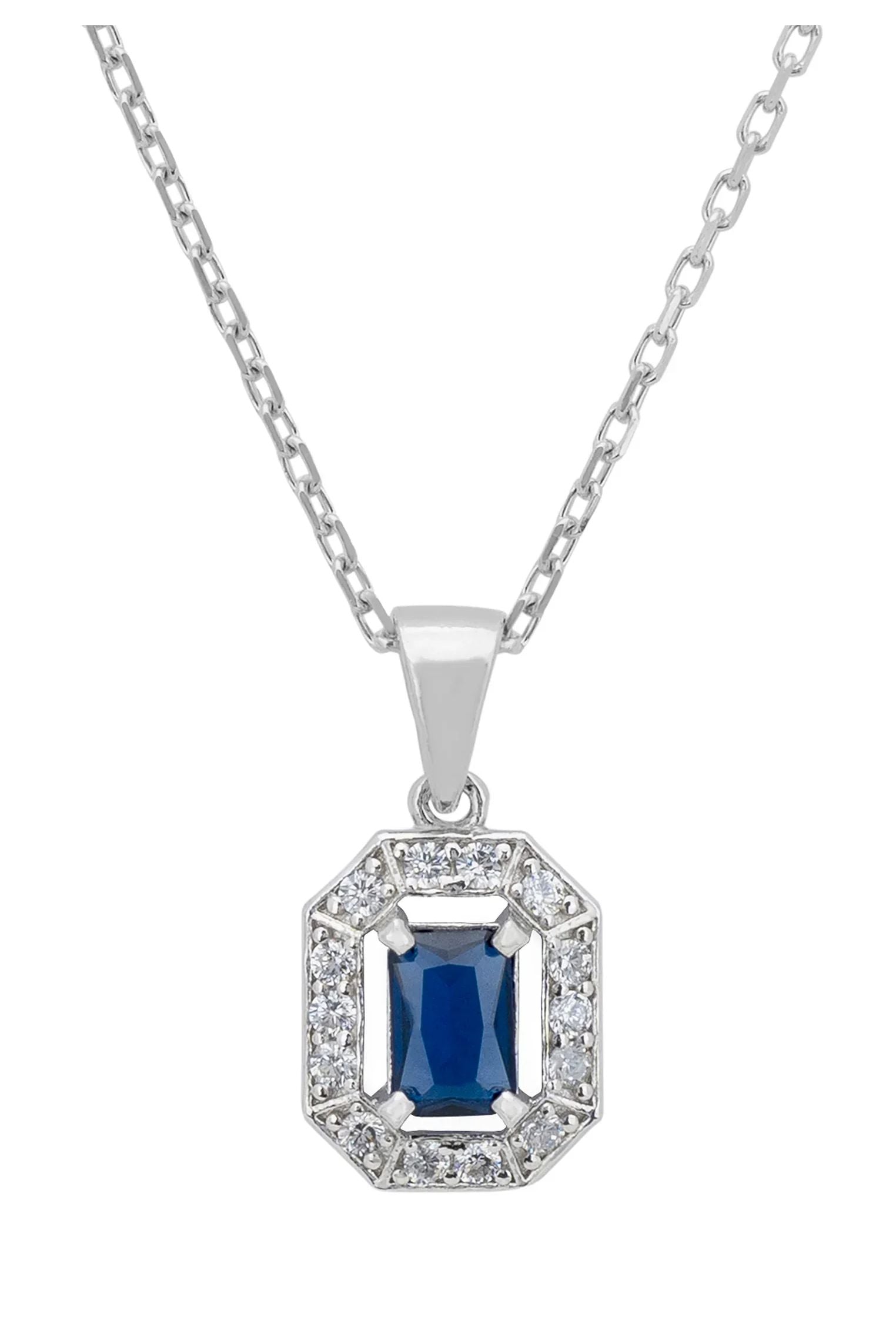Close-up of the diamond halo sapphire pendant.