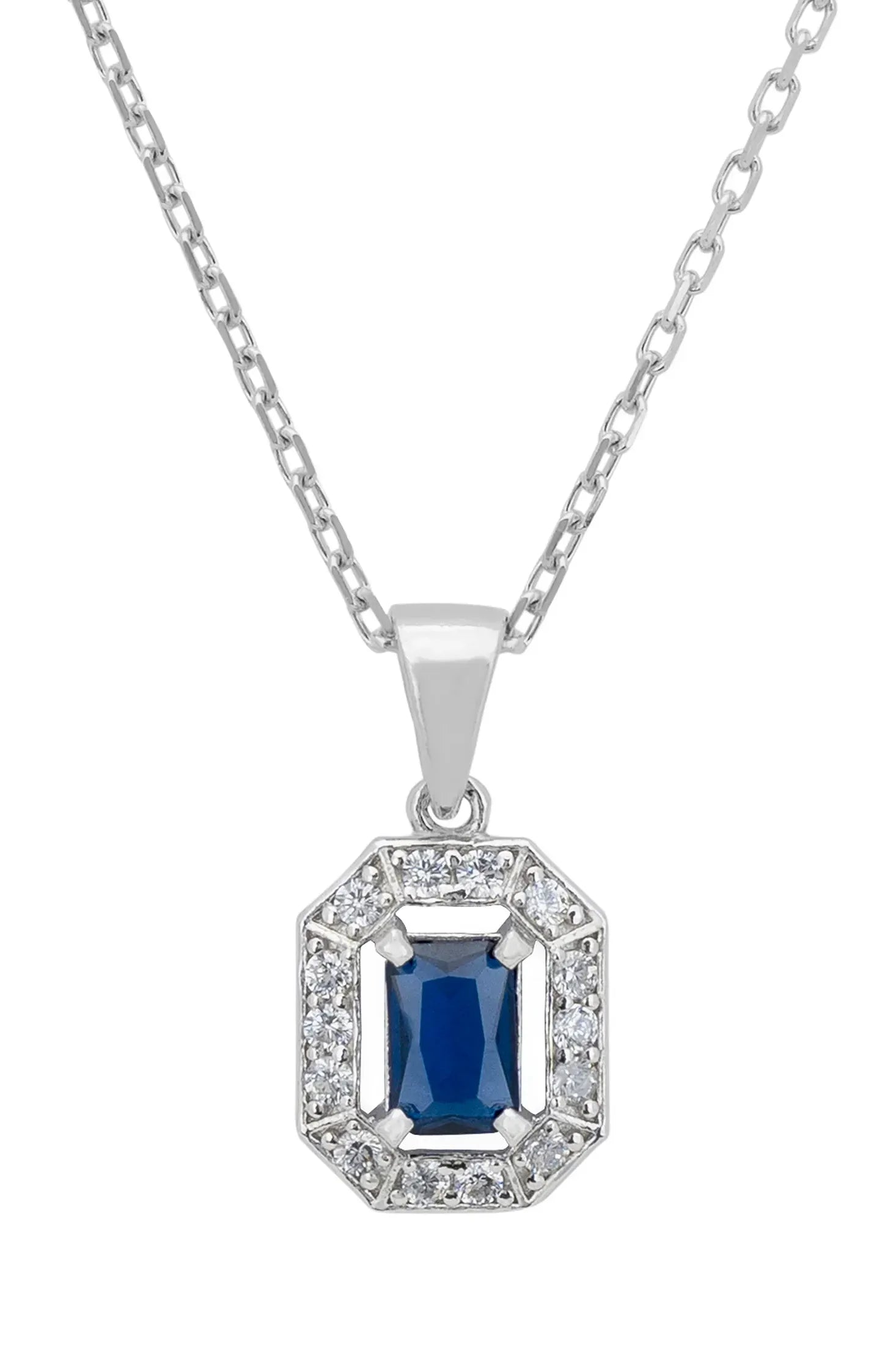 Close-up of the diamond halo sapphire pendant.