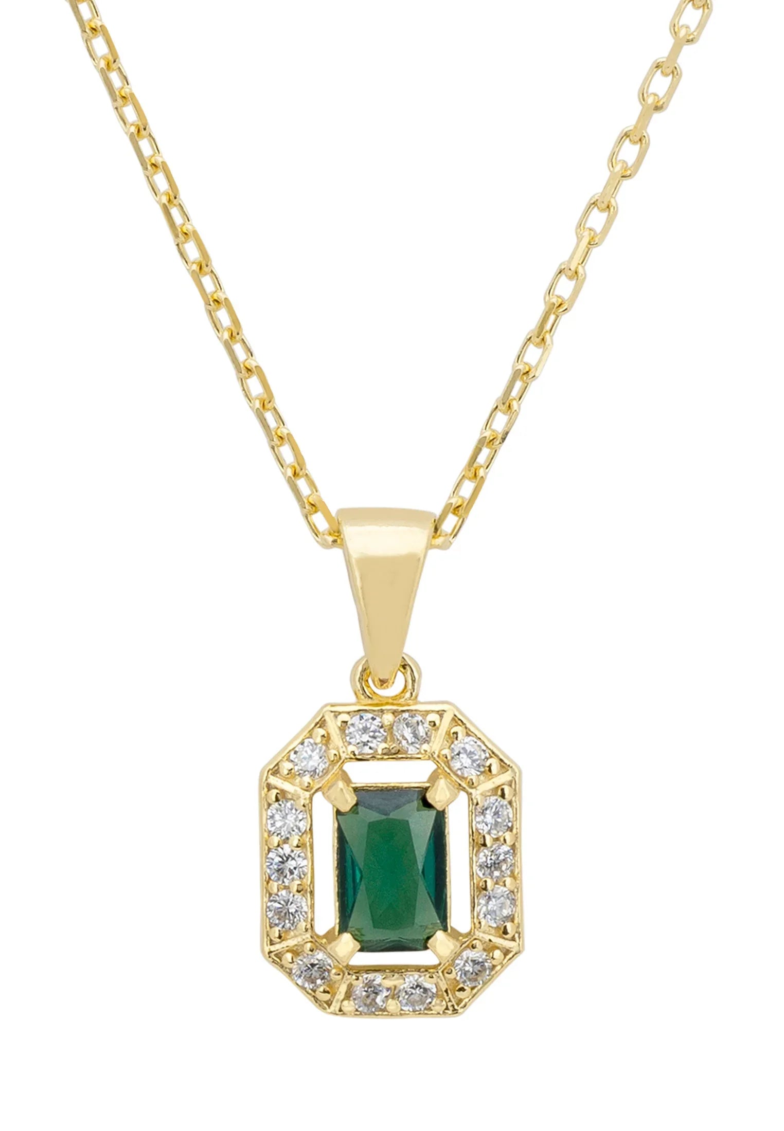 Close-up of the diamond halo emerald pendant.