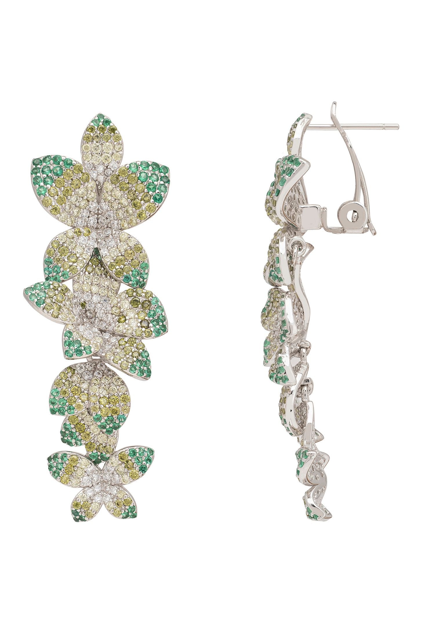Dazzling flower-shaped earrings with green and clear gemstones on a white background
