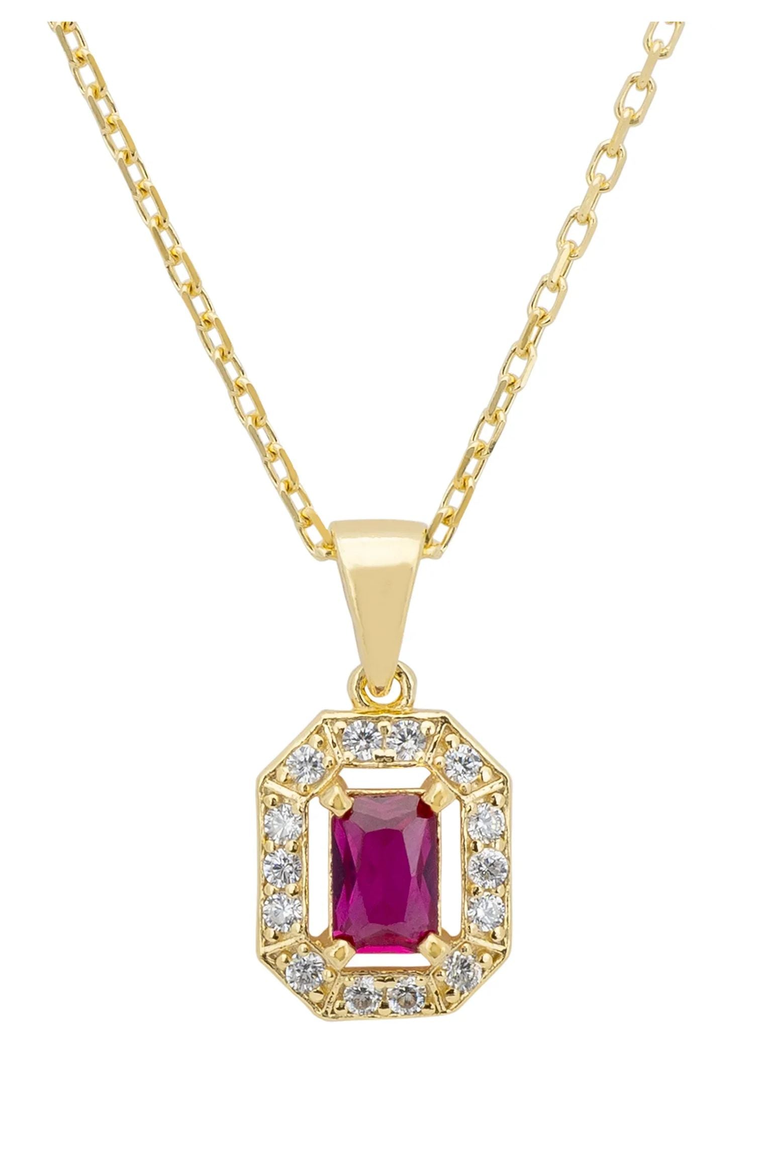 Close-up of the diamond halo ruby pendant.