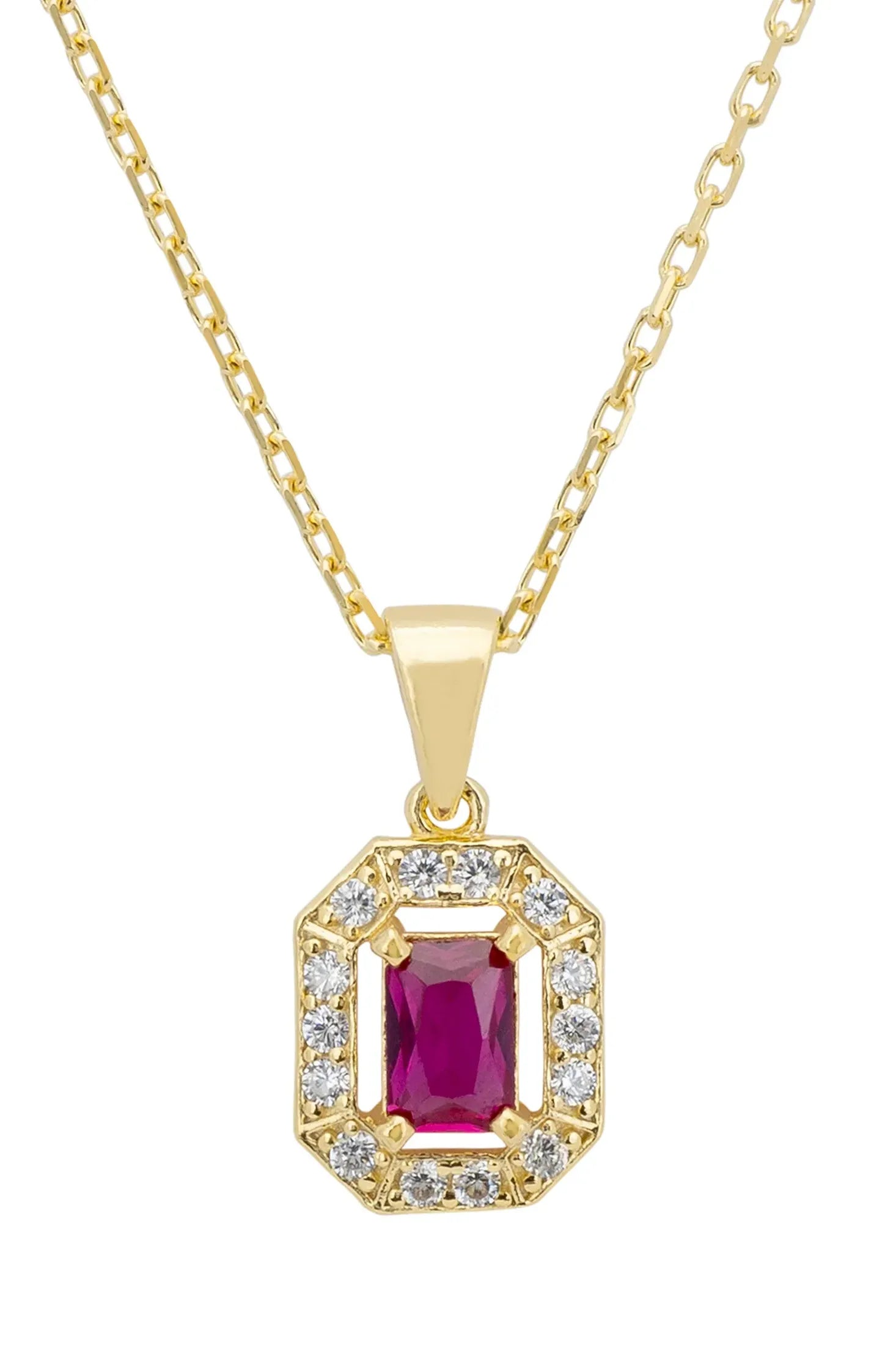 Close-up of the diamond halo ruby pendant.