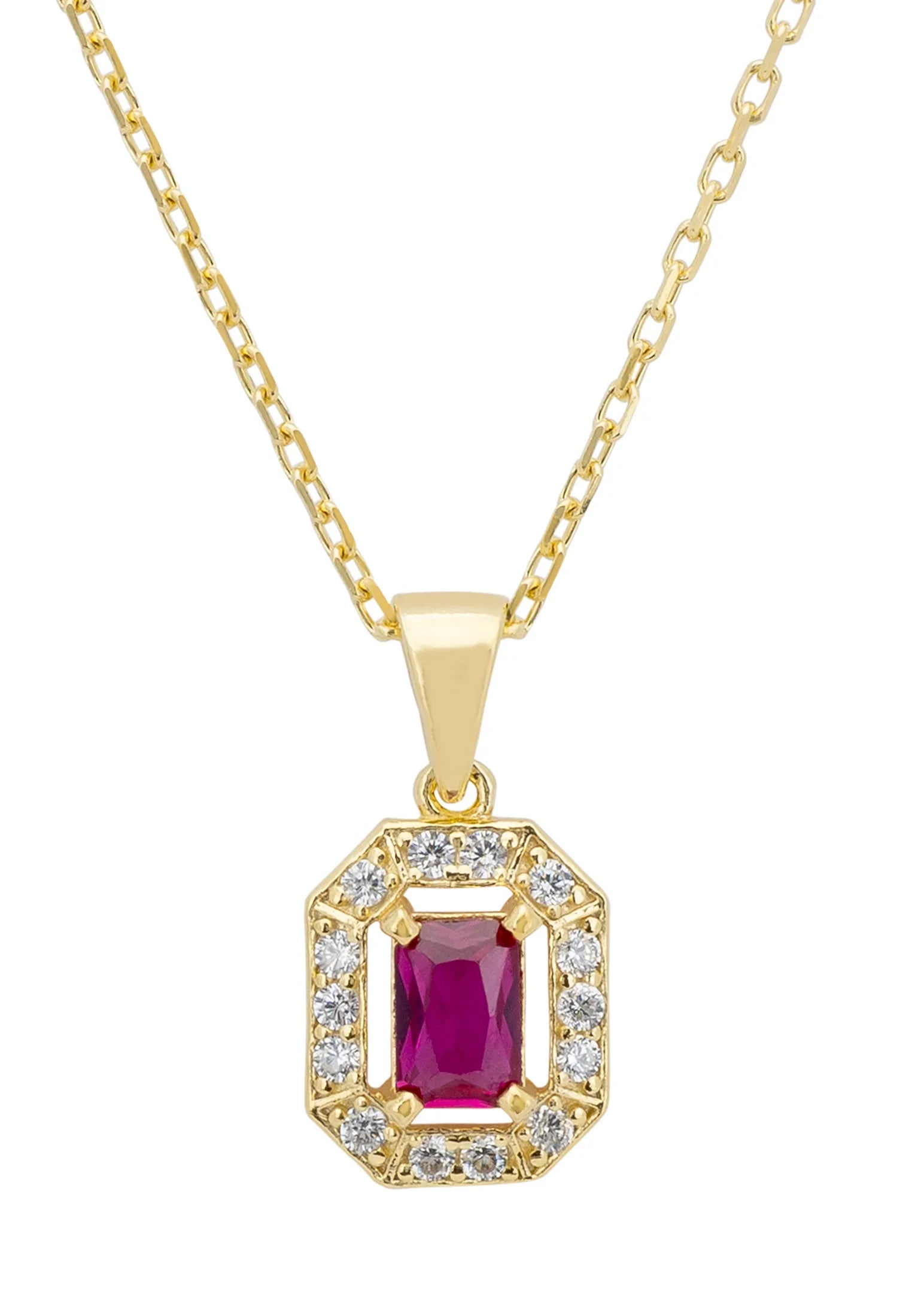 Close-up of the diamond halo ruby pendant.