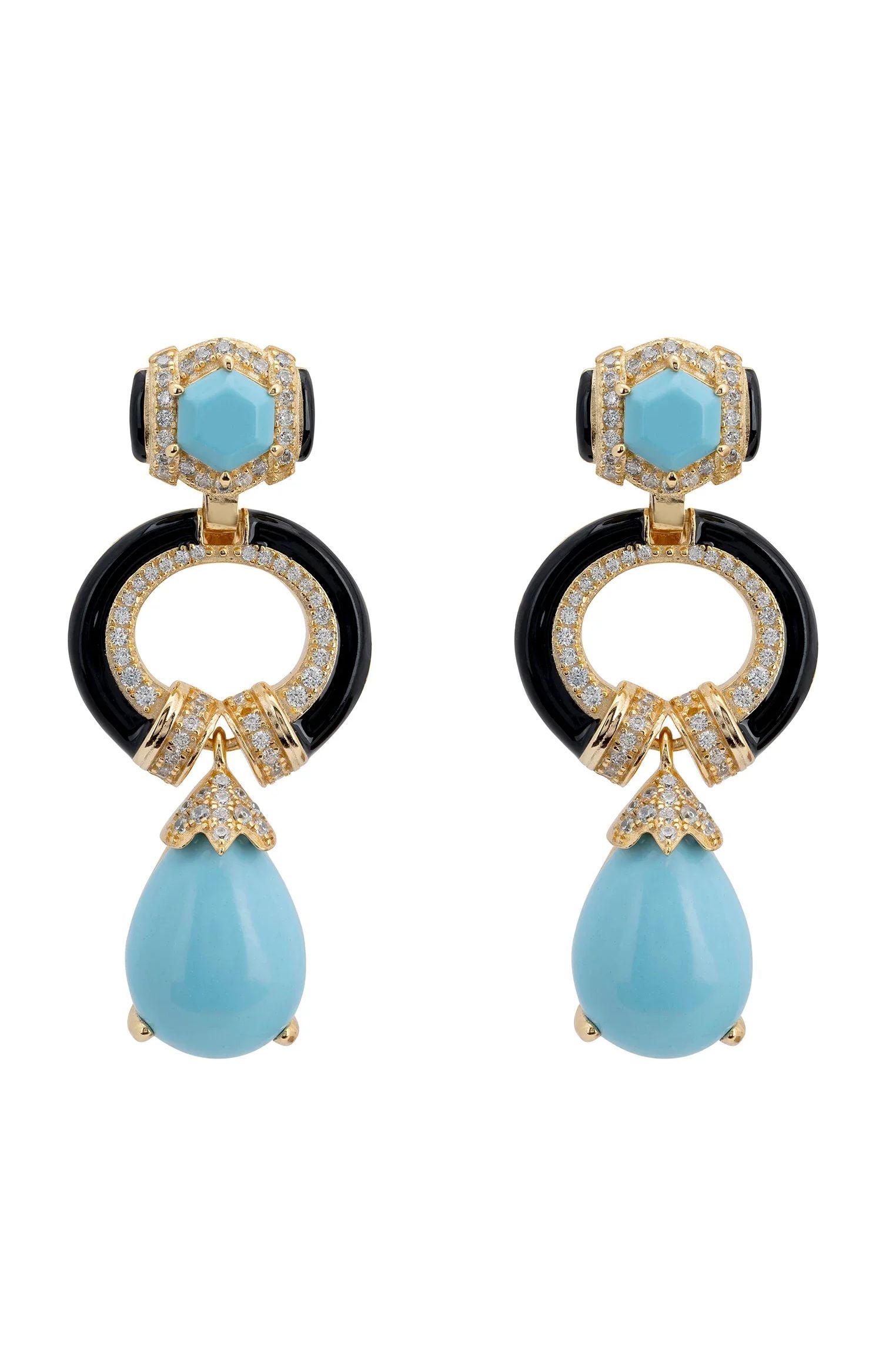 Turquoise, black and gold art deco drop earrings.