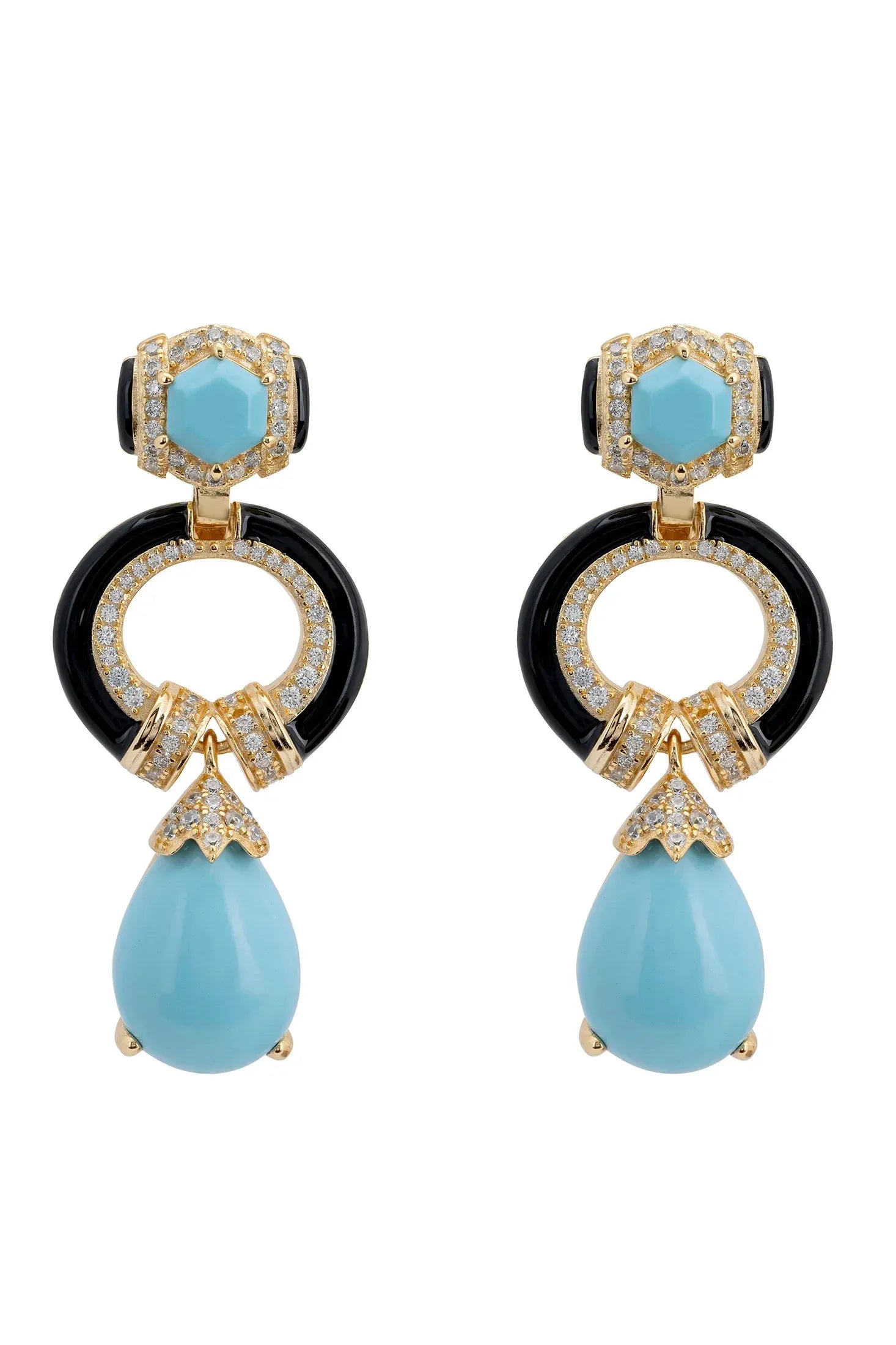 Turquoise, black and gold art deco drop earrings.